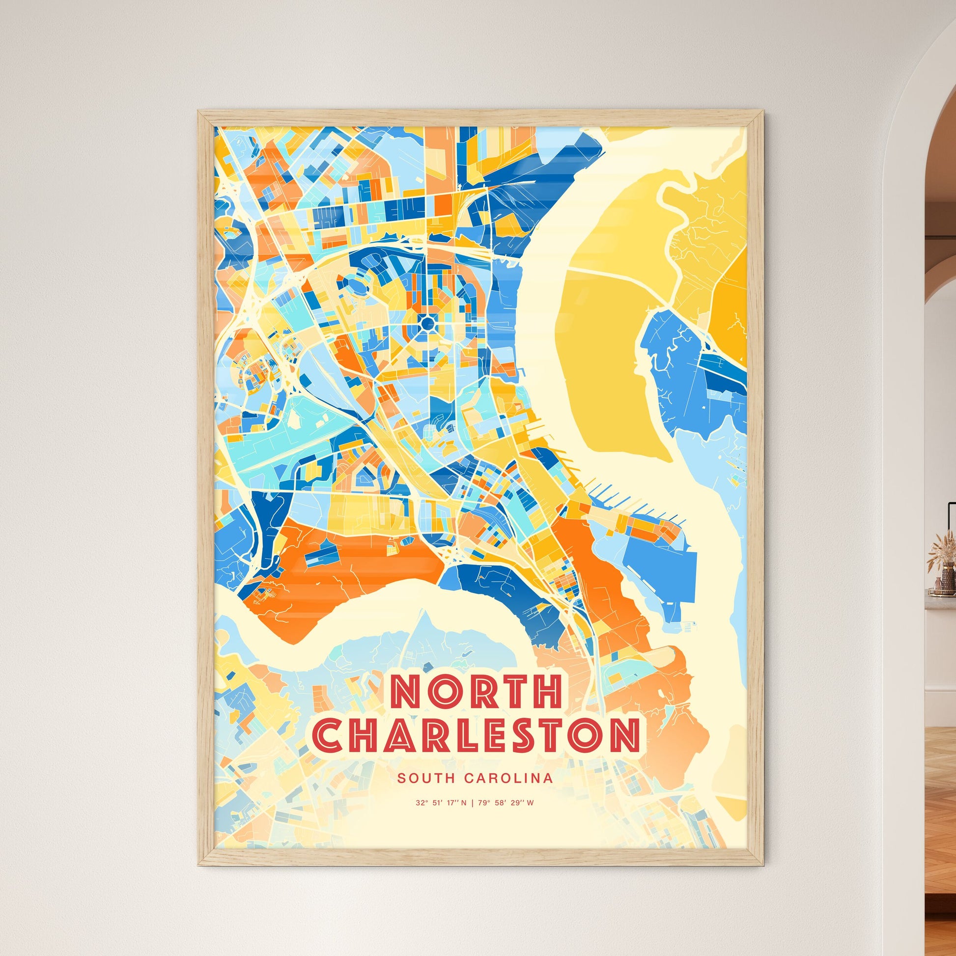 Colorful NORTH CHARLESTON SOUTH CAROLINA Fine Art Map Blue Orange