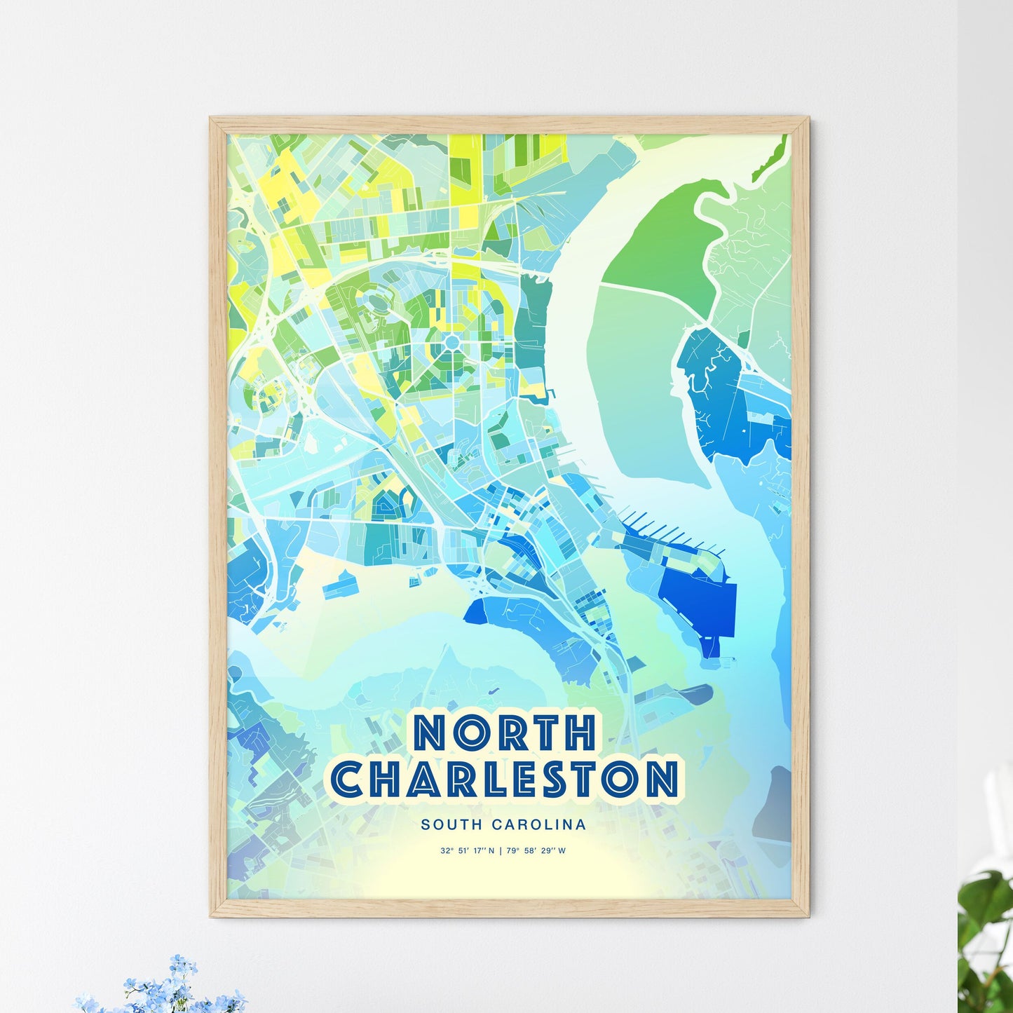 Colorful NORTH CHARLESTON SOUTH CAROLINA Fine Art Map Cool Blue