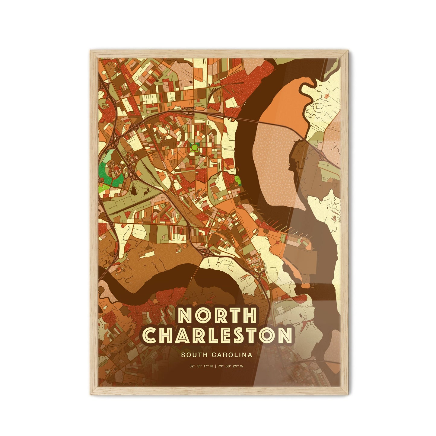 Colorful NORTH CHARLESTON SOUTH CAROLINA Fine Art Map Farmhouse