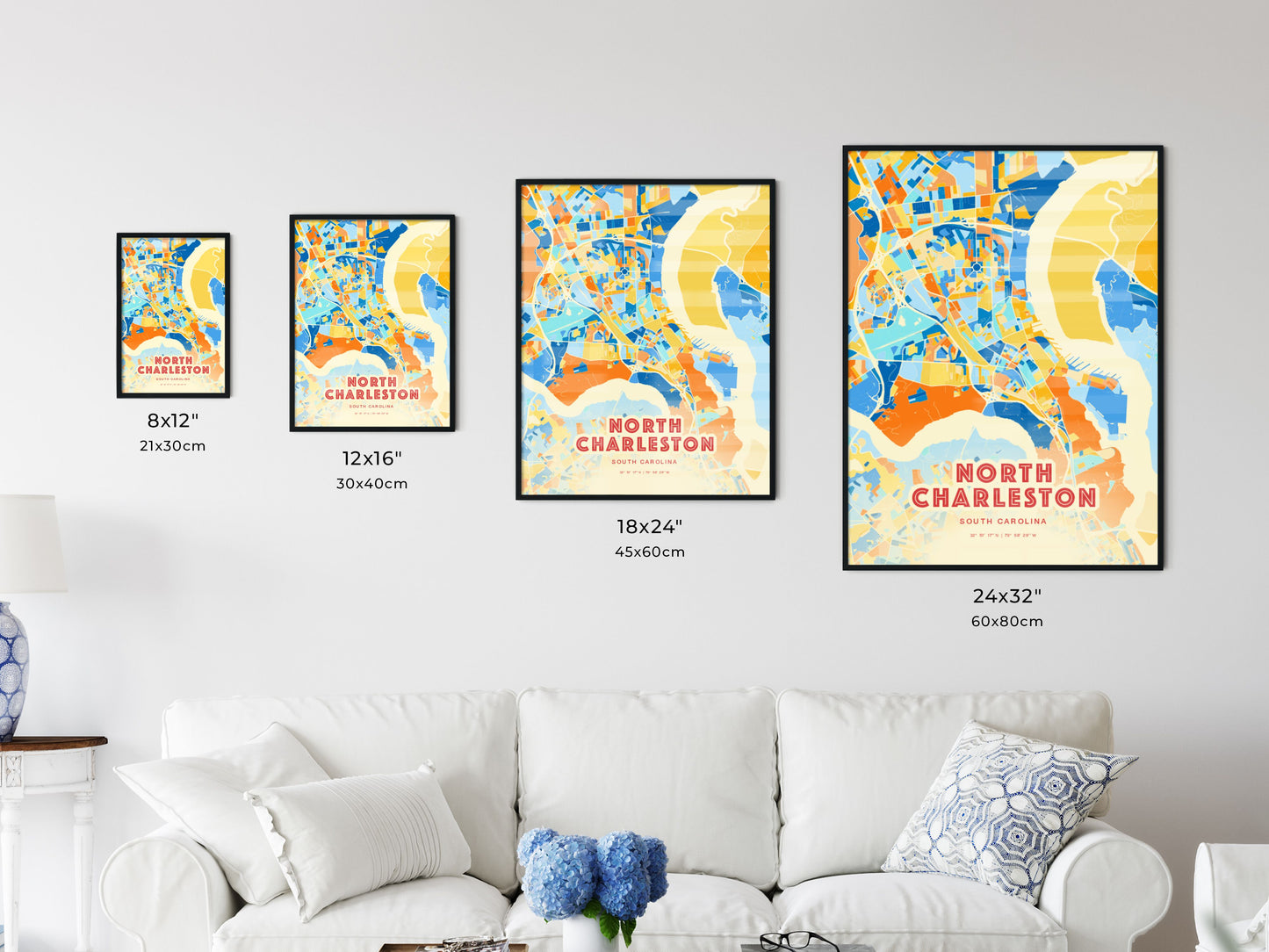 Colorful NORTH CHARLESTON SOUTH CAROLINA Fine Art Map Blue Orange