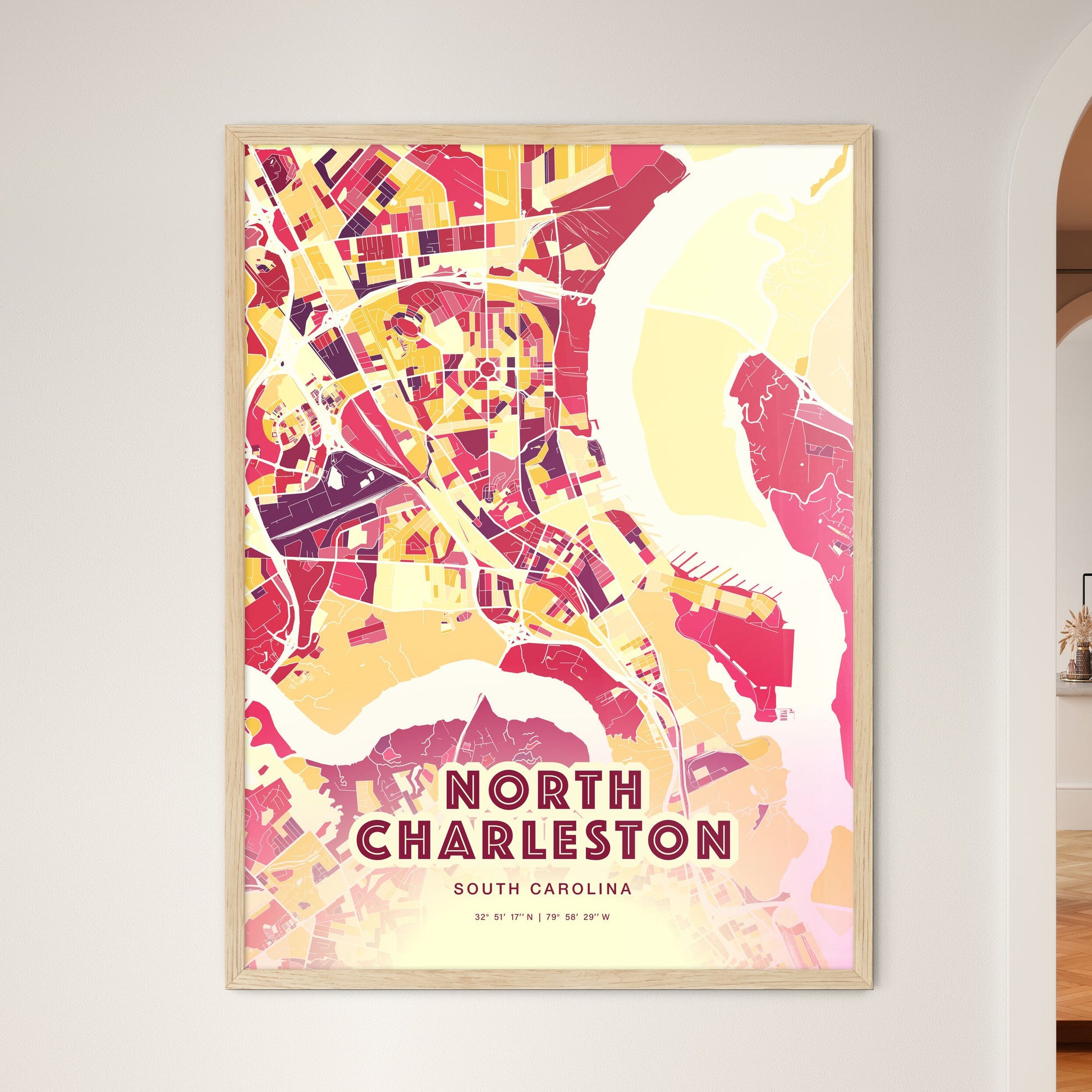 Colorful NORTH CHARLESTON SOUTH CAROLINA Fine Art Map Hot Red