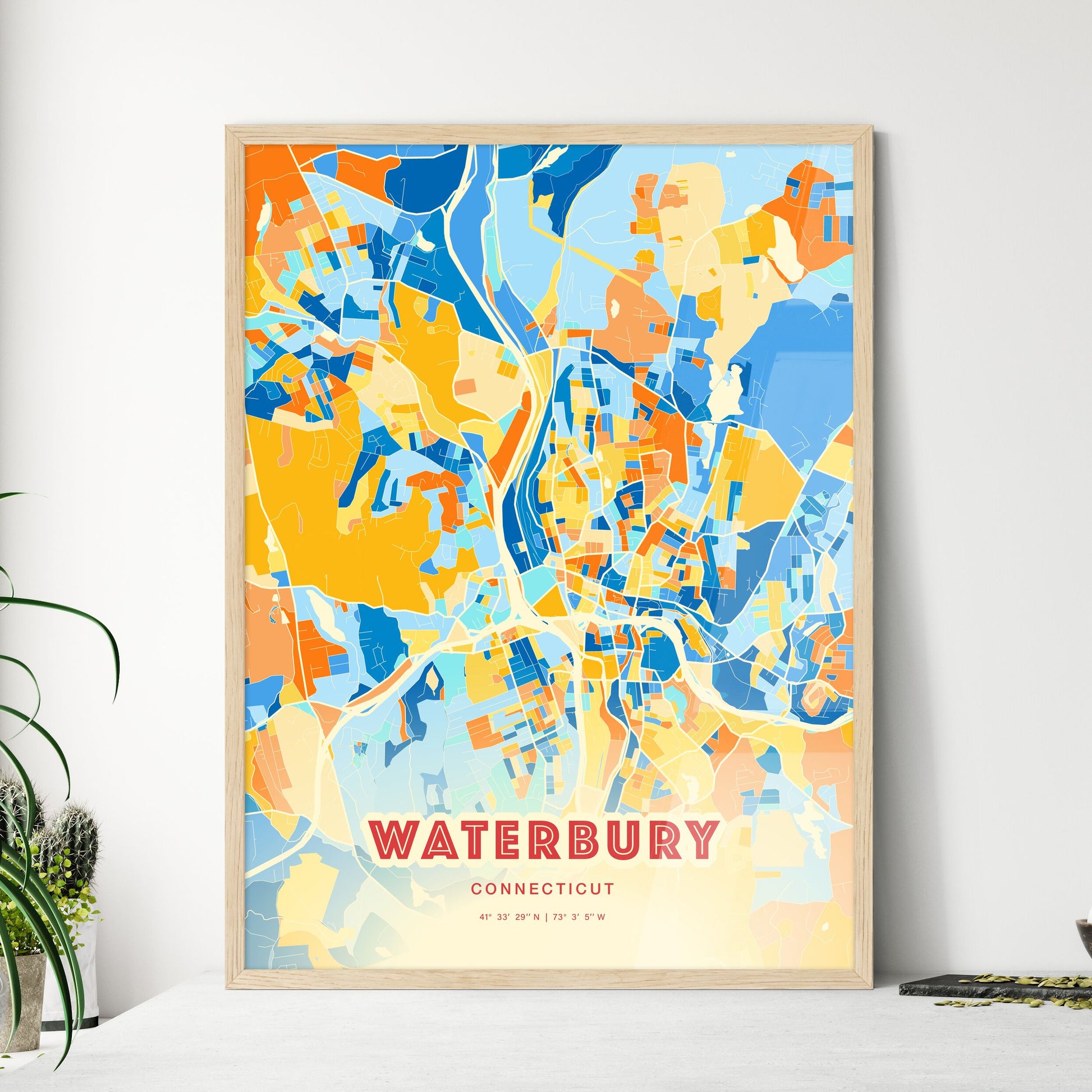 Colorful Waterbury Connecticut Fine Art Map Blue Orange