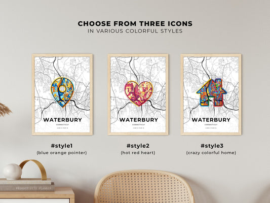 Waterbury Connecticut maps with colorful icons