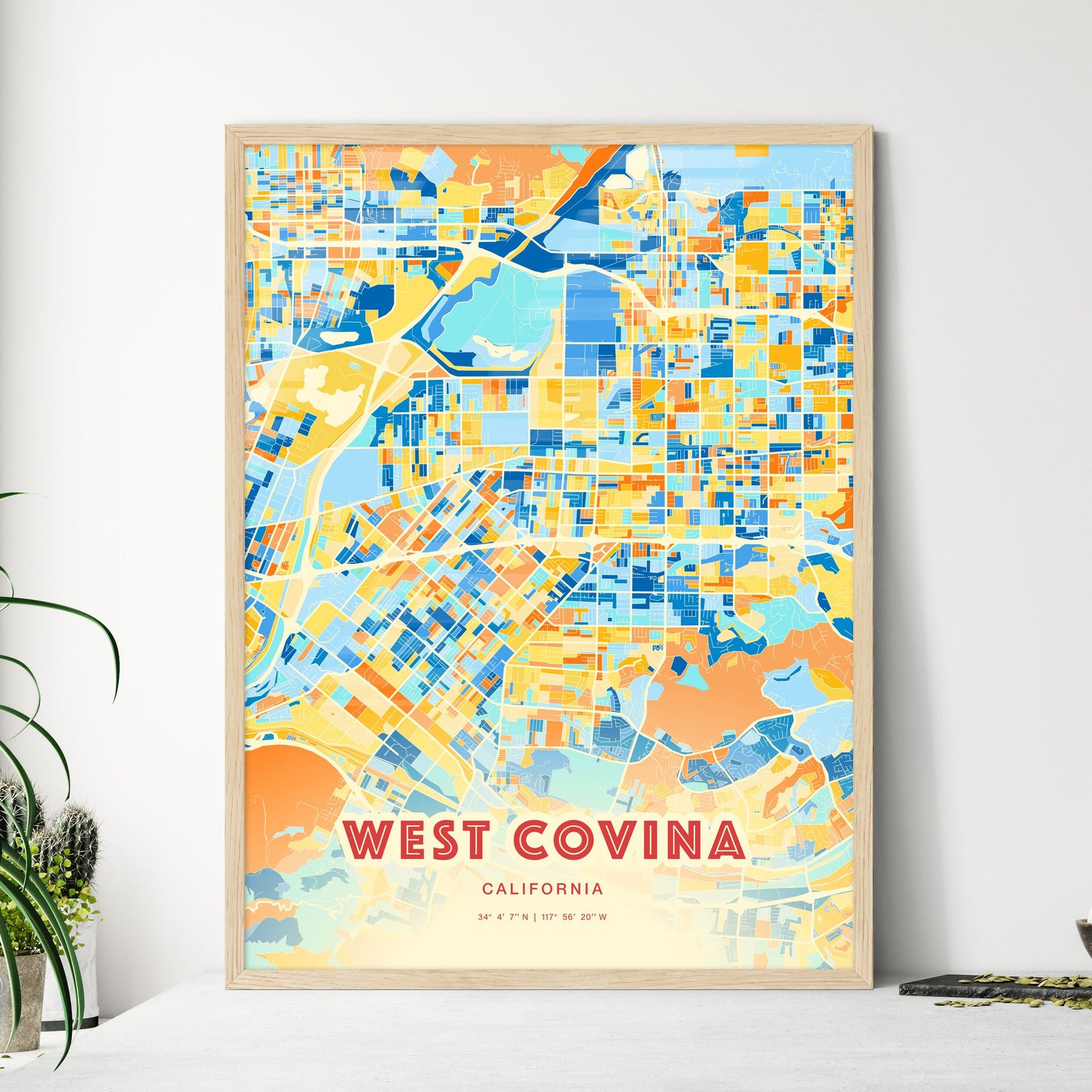 Colorful West Covina California Fine Art Map Blue Orange