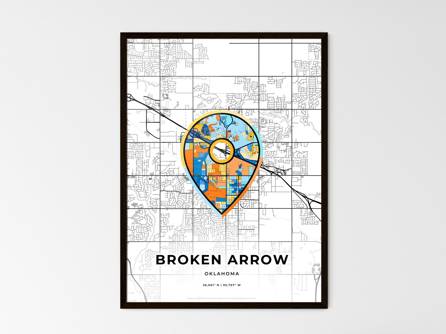 Broken Arrow Oklahoma wedding art map with pointer icon