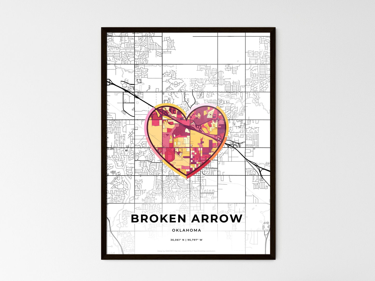Broken Arrow Oklahoma wedding art map with heart icon
