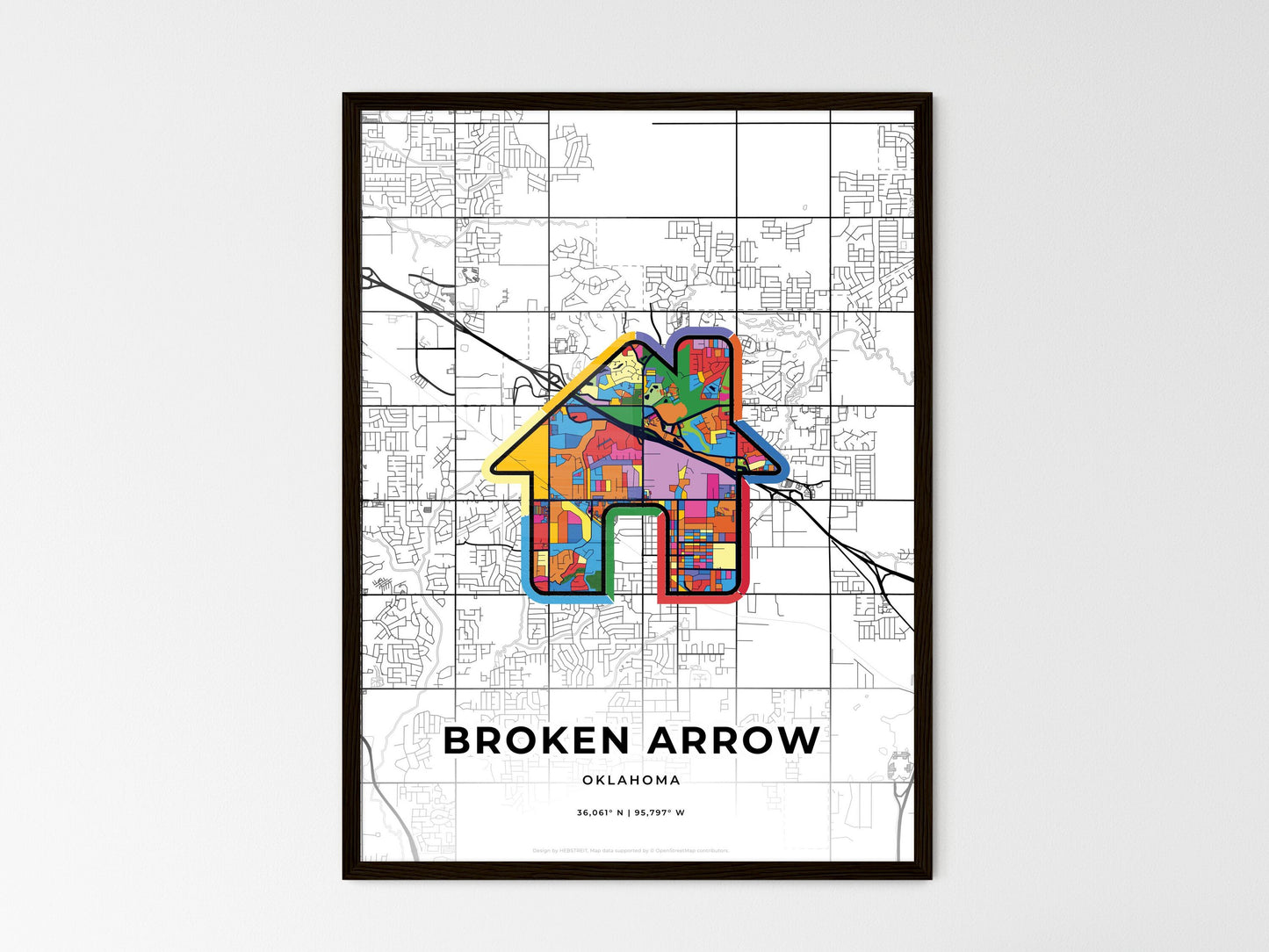 Broken Arrow Oklahoma wedding art map with home icon