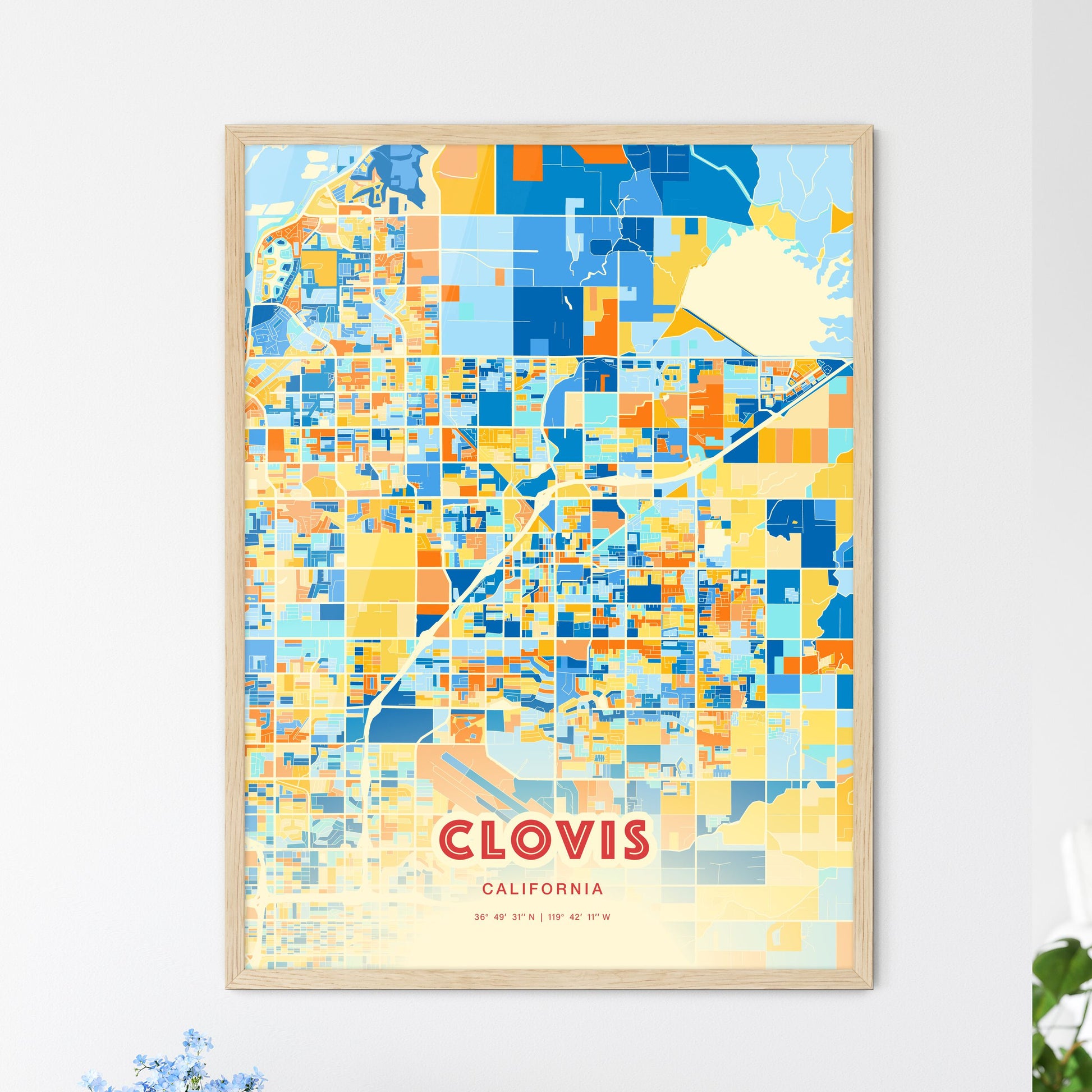 Colorful Clovis California Fine Art Map Blue Orange