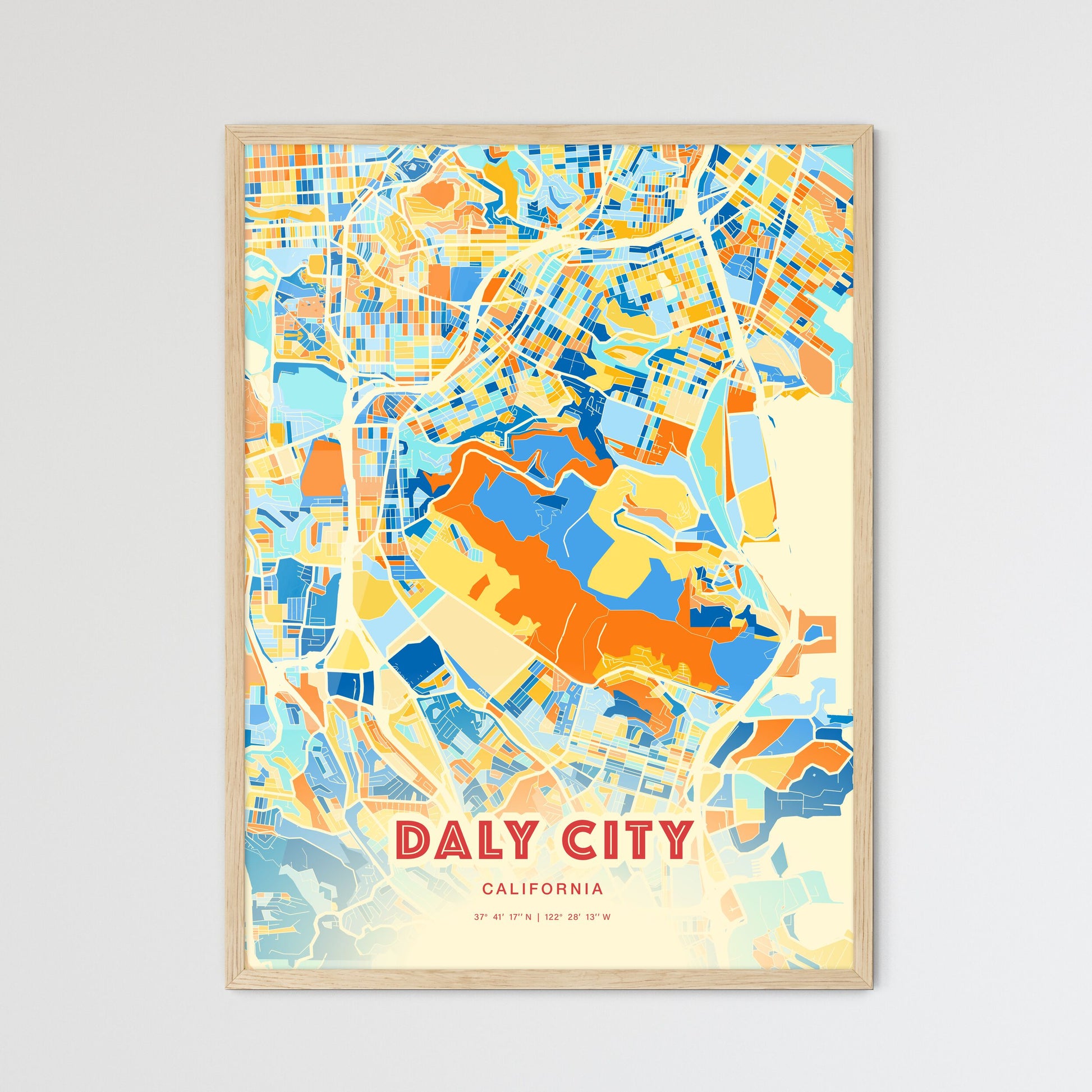 Colorful Daly City California Fine Art Map Blue Orange