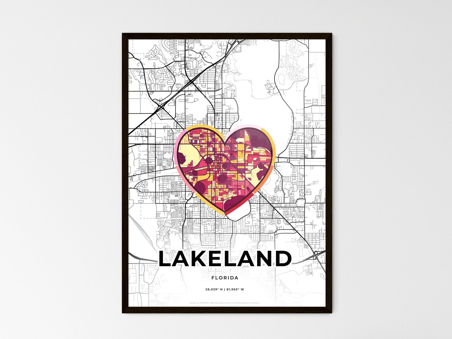 Lakeland Florida wedding art map with heart icon