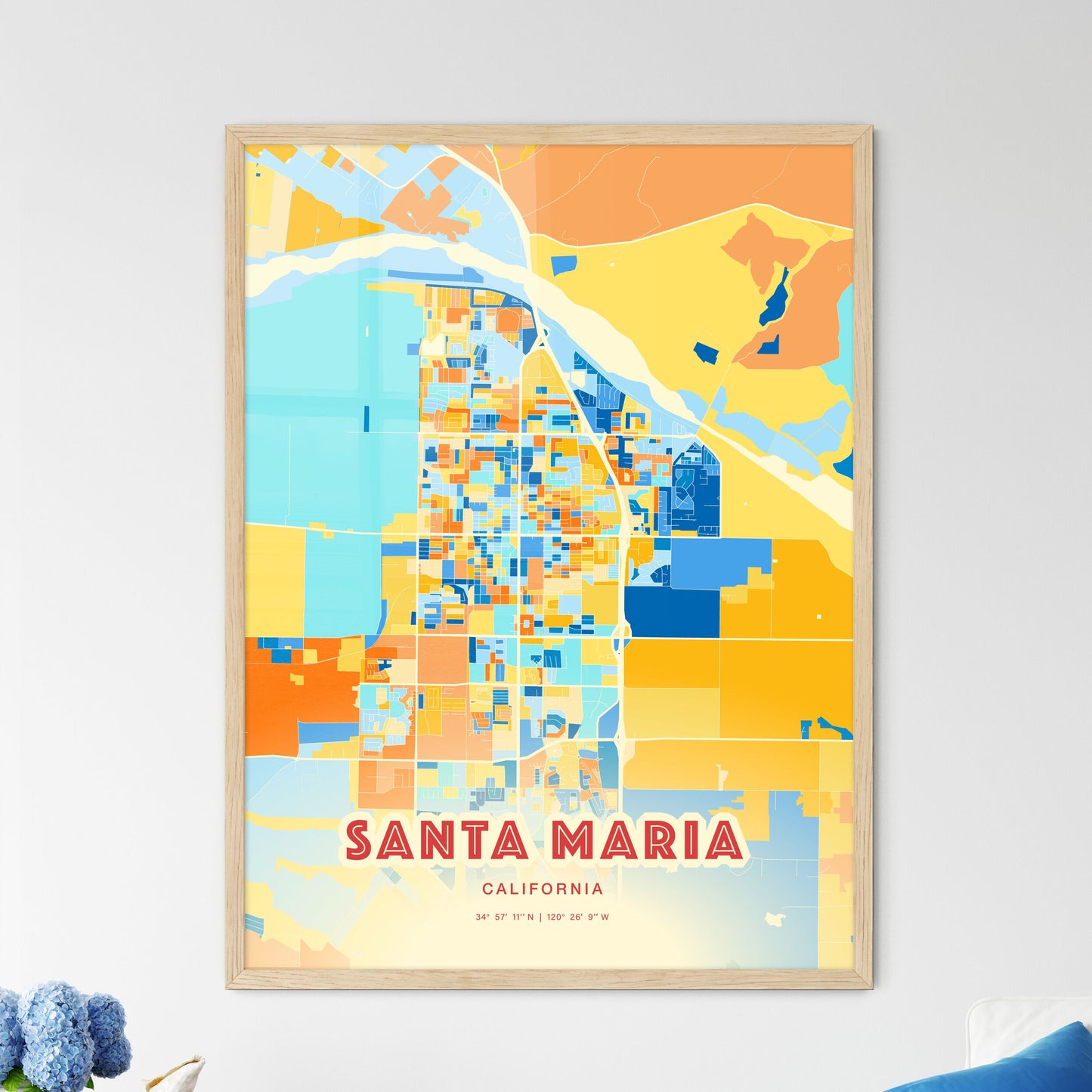 Colorful Santa Maria California Fine Art Map Blue Orange