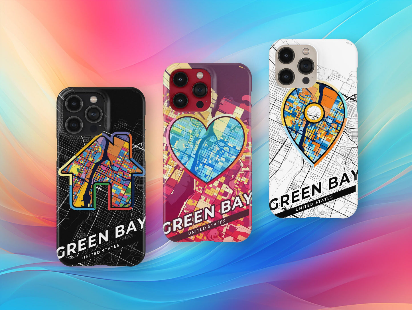 Green Bay Wisconsin slim phone case with colorful icon. Birthday, wedding or housewarming gift. Couple match cases.