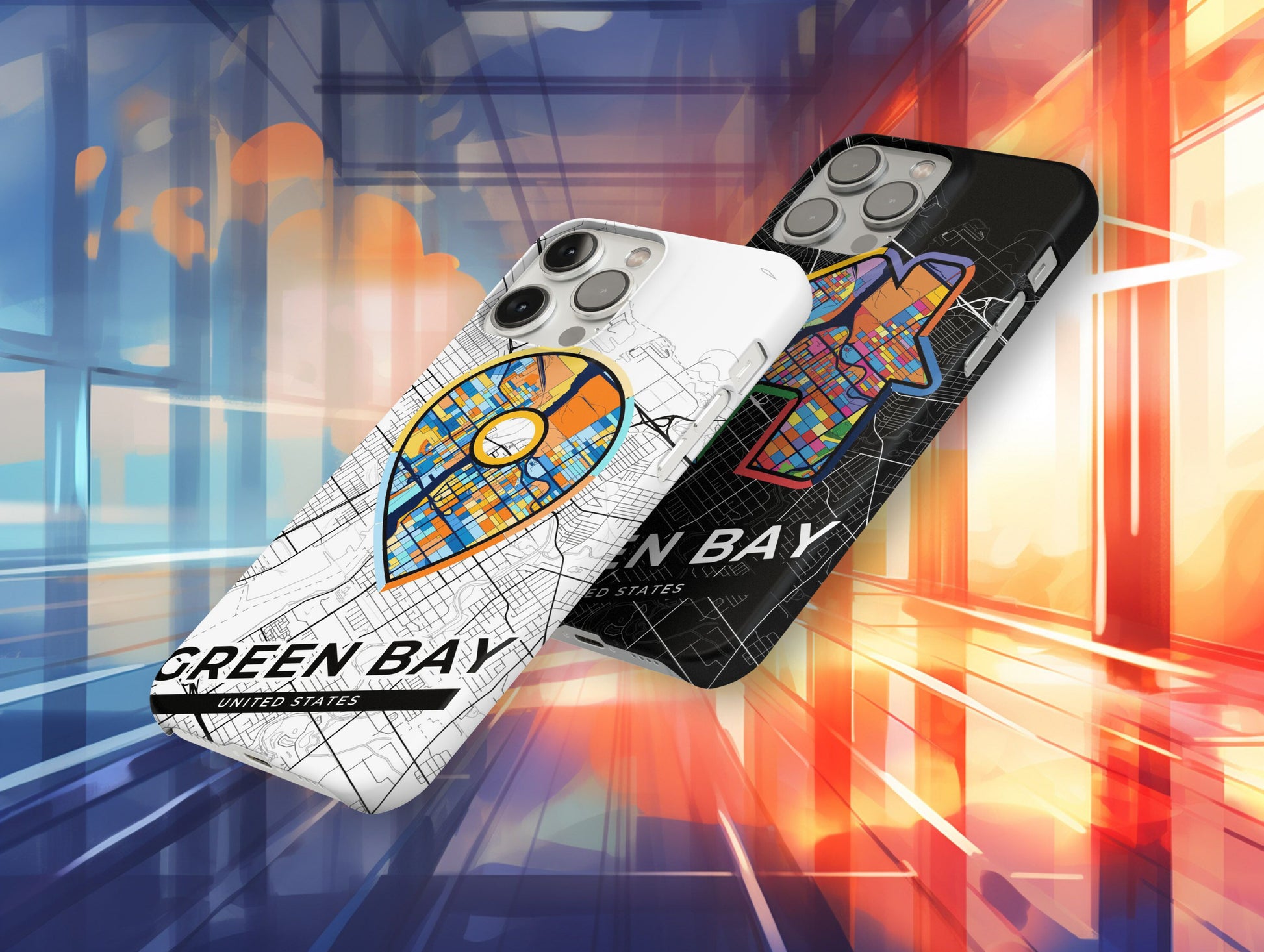 Green Bay Wisconsin slim phone case with colorful icon. Birthday, wedding or housewarming gift. Couple match cases.
