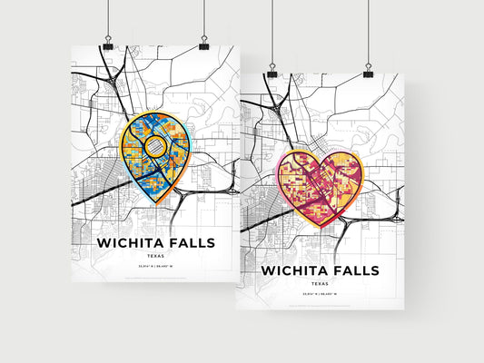WICHITA FALLS TEXAS minimal art map with a colorful icon. Where it all began, Couple map gift.