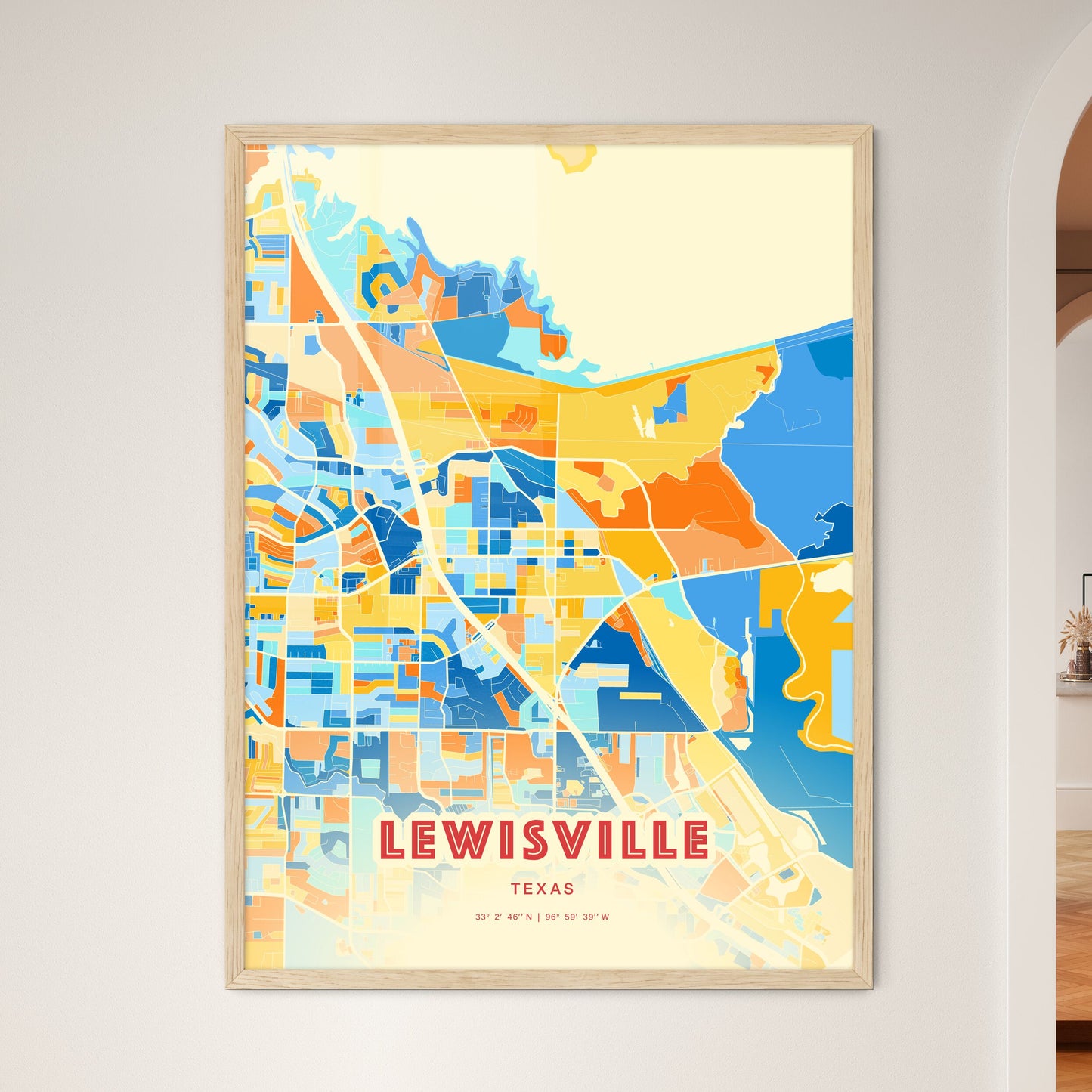 Colorful Lewisville Texas Fine Art Map Blue Orange