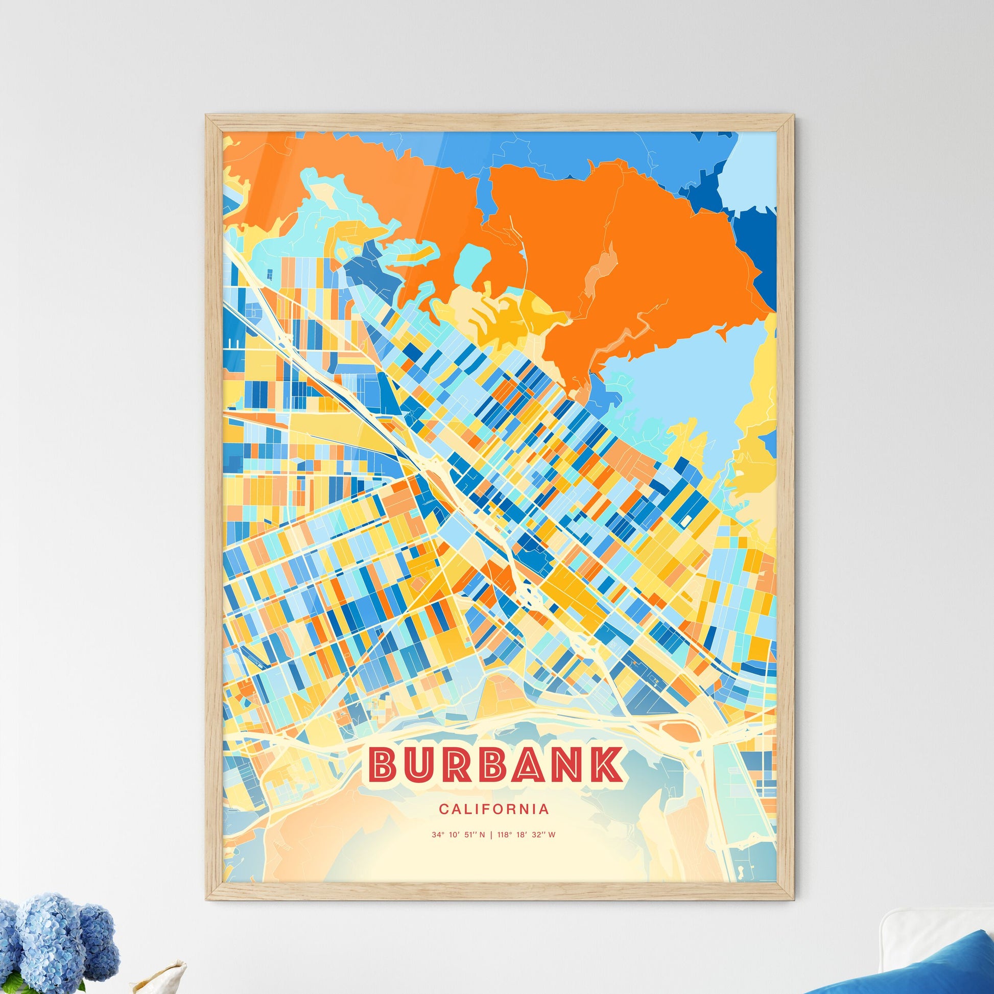 Colorful Burbank California Fine Art Map Blue Orange