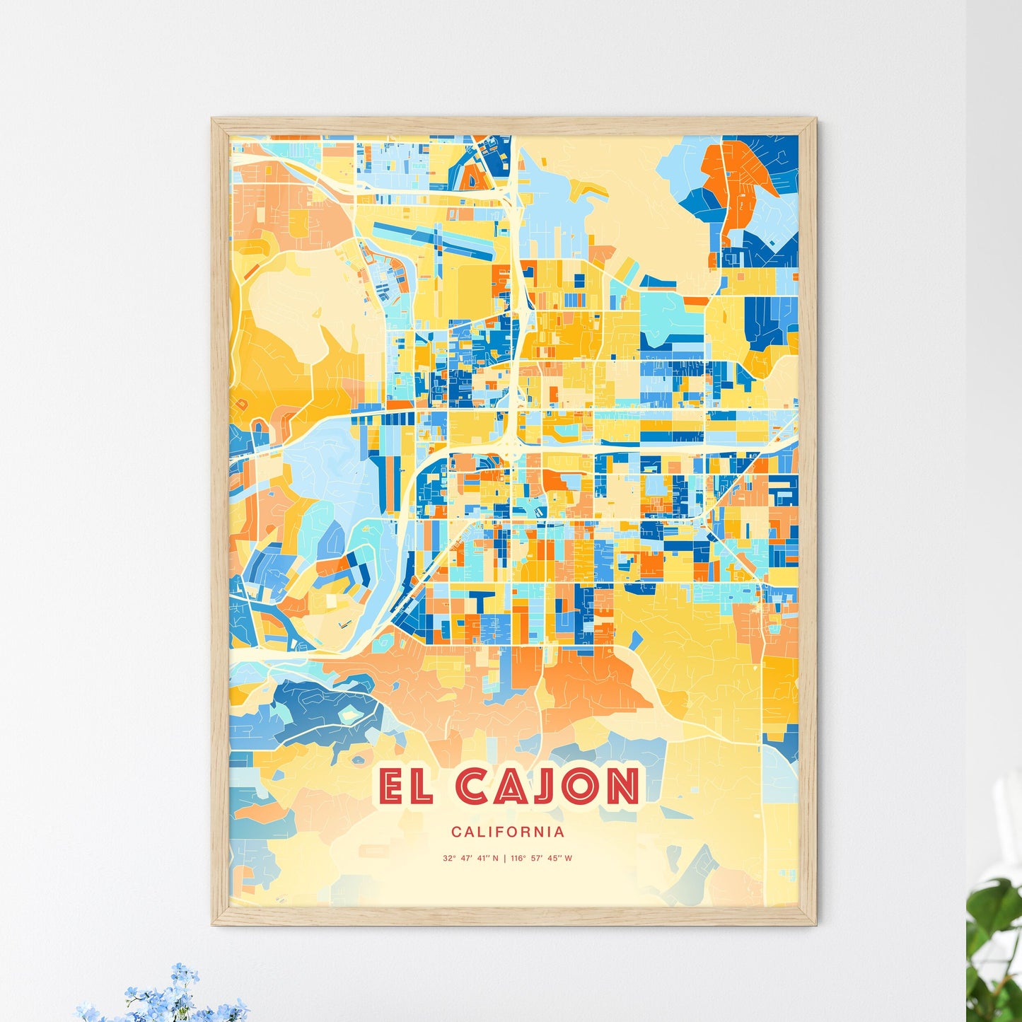 Colorful El Cajon California Fine Art Map Blue Orange