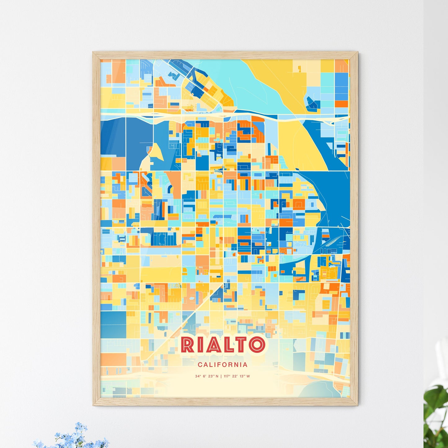 Colorful Rialto California Fine Art Map Blue Orange