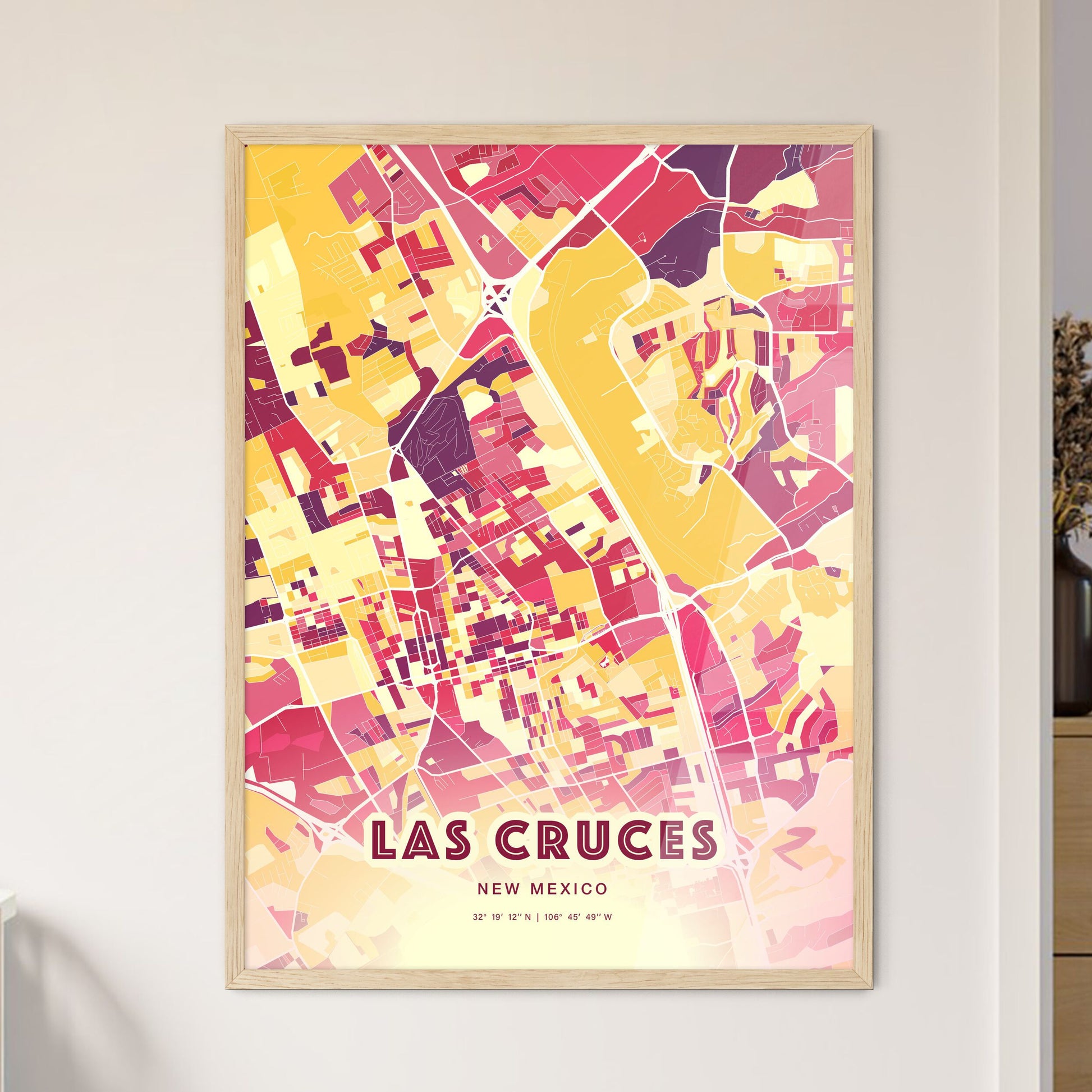 Colorful LAS CRUCES NEW MEXICO Fine Art Map Hot Red