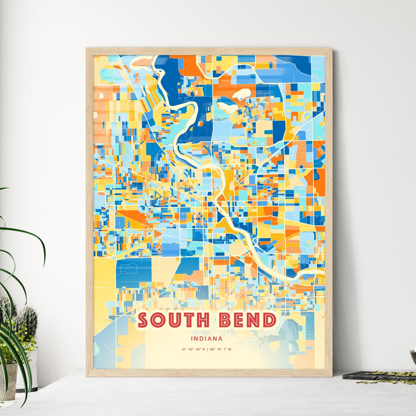 Colorful South Bend Indiana Fine Art Map Blue Orange