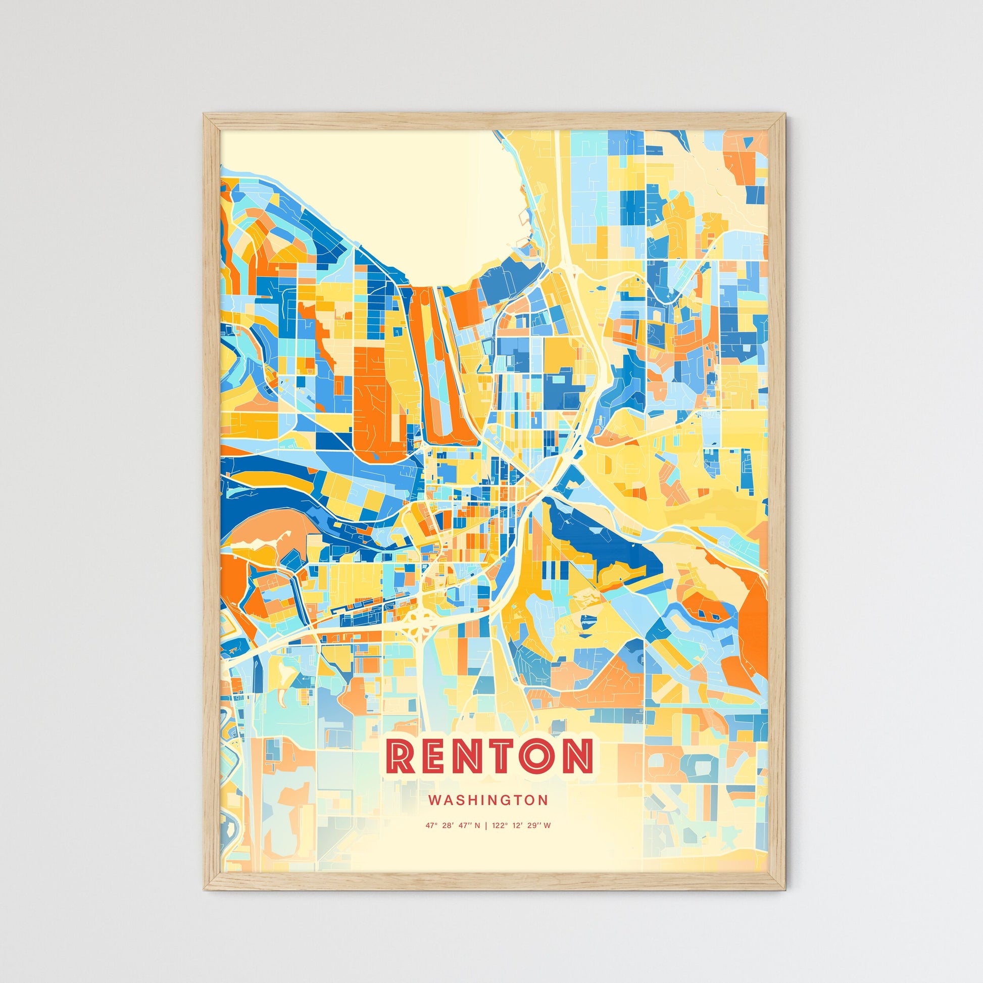 Colorful Renton Washington Fine Art Map Blue Orange