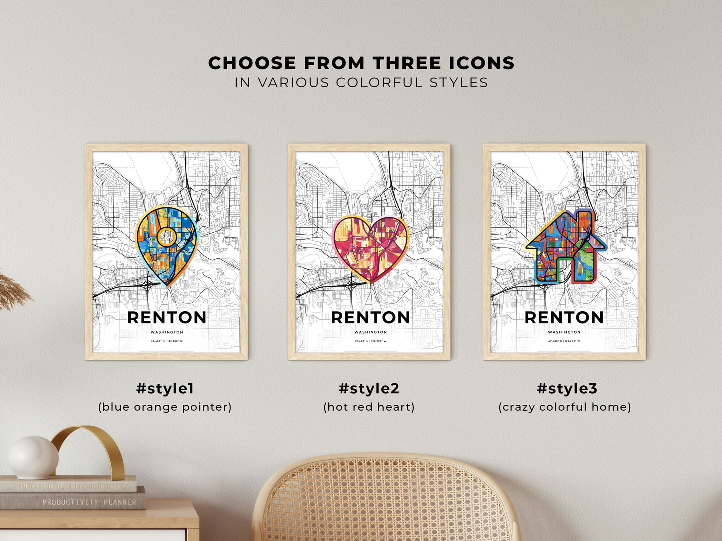 Renton Washington maps with colorful icons