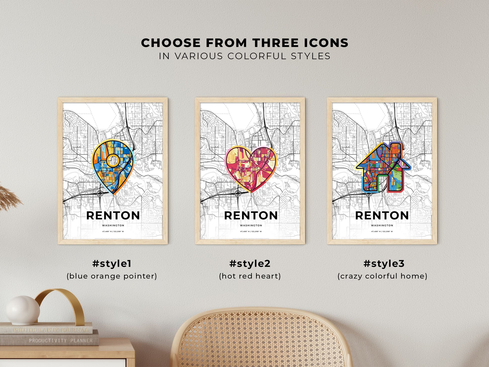 Renton Washington maps with colorful icons