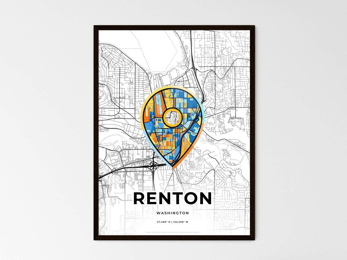 Renton Washington wedding art map with pointer icon