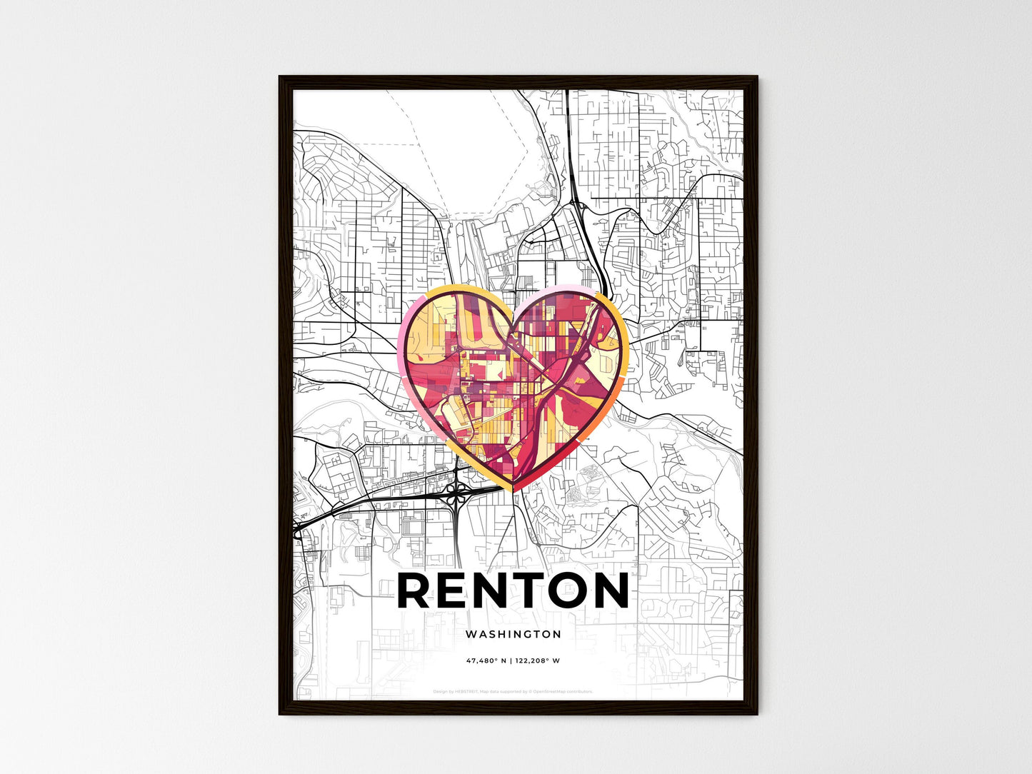 Renton Washington wedding art map with heart icon