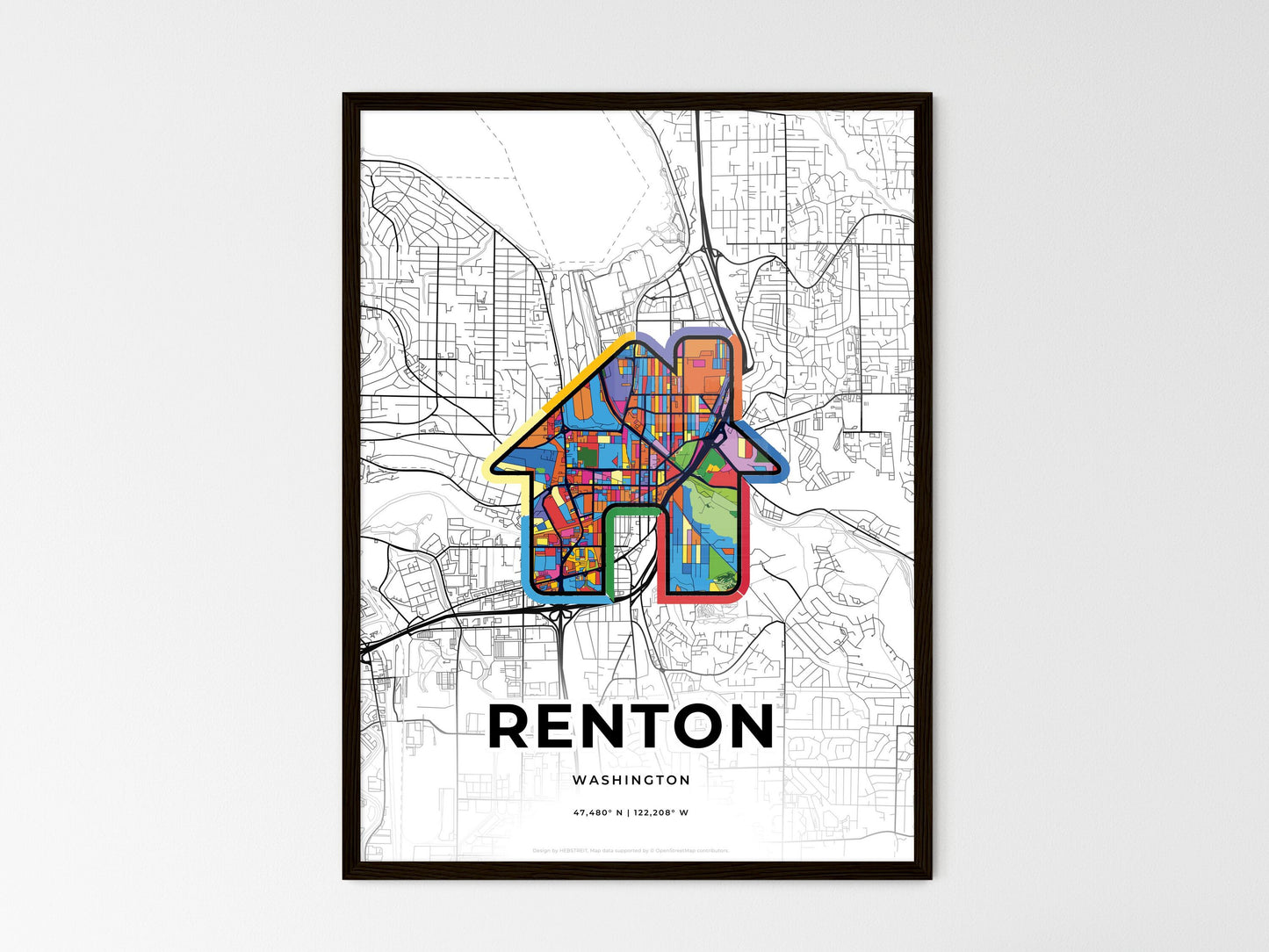 Renton Washington wedding art map with home icon