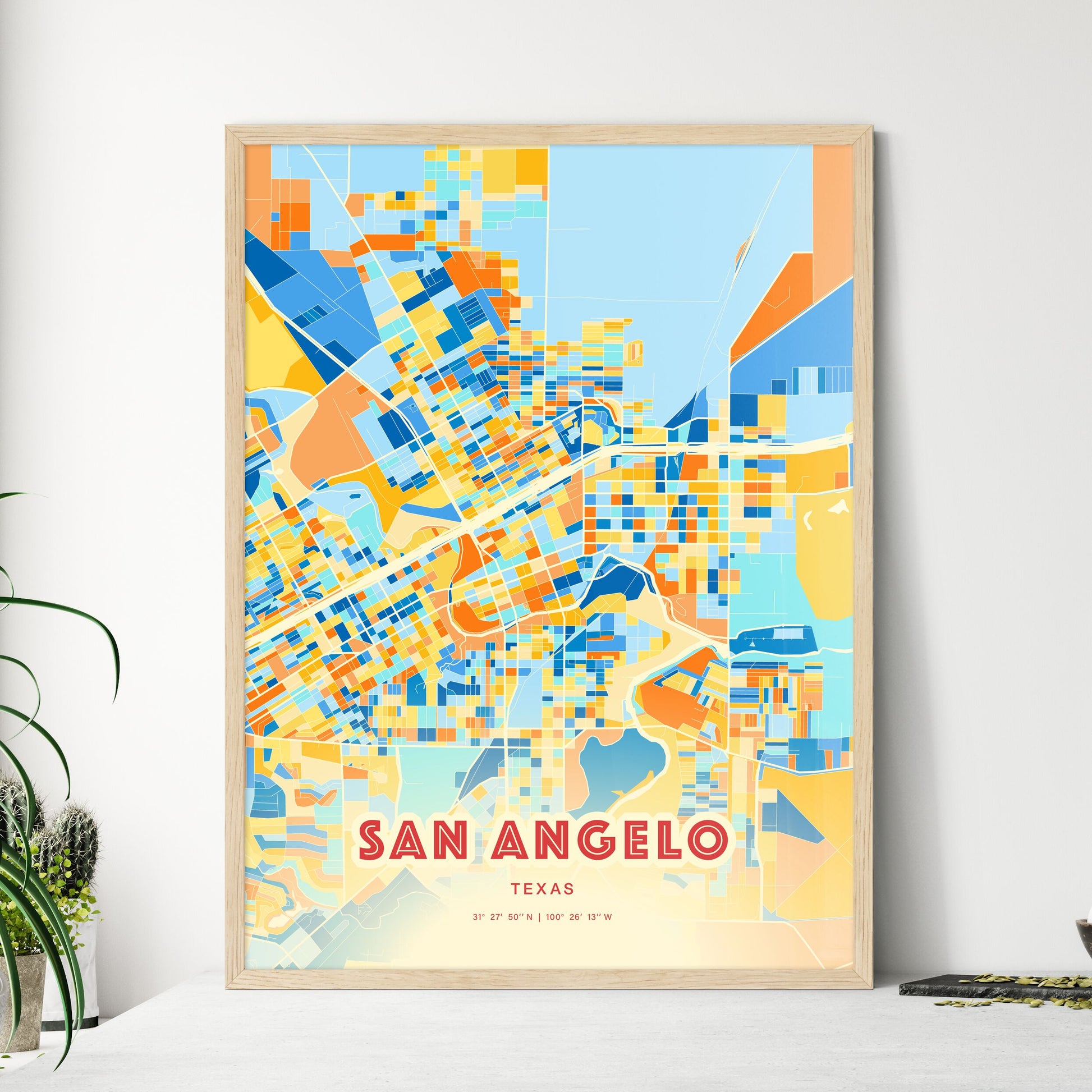 Colorful San Angelo Texas Fine Art Map Blue Orange