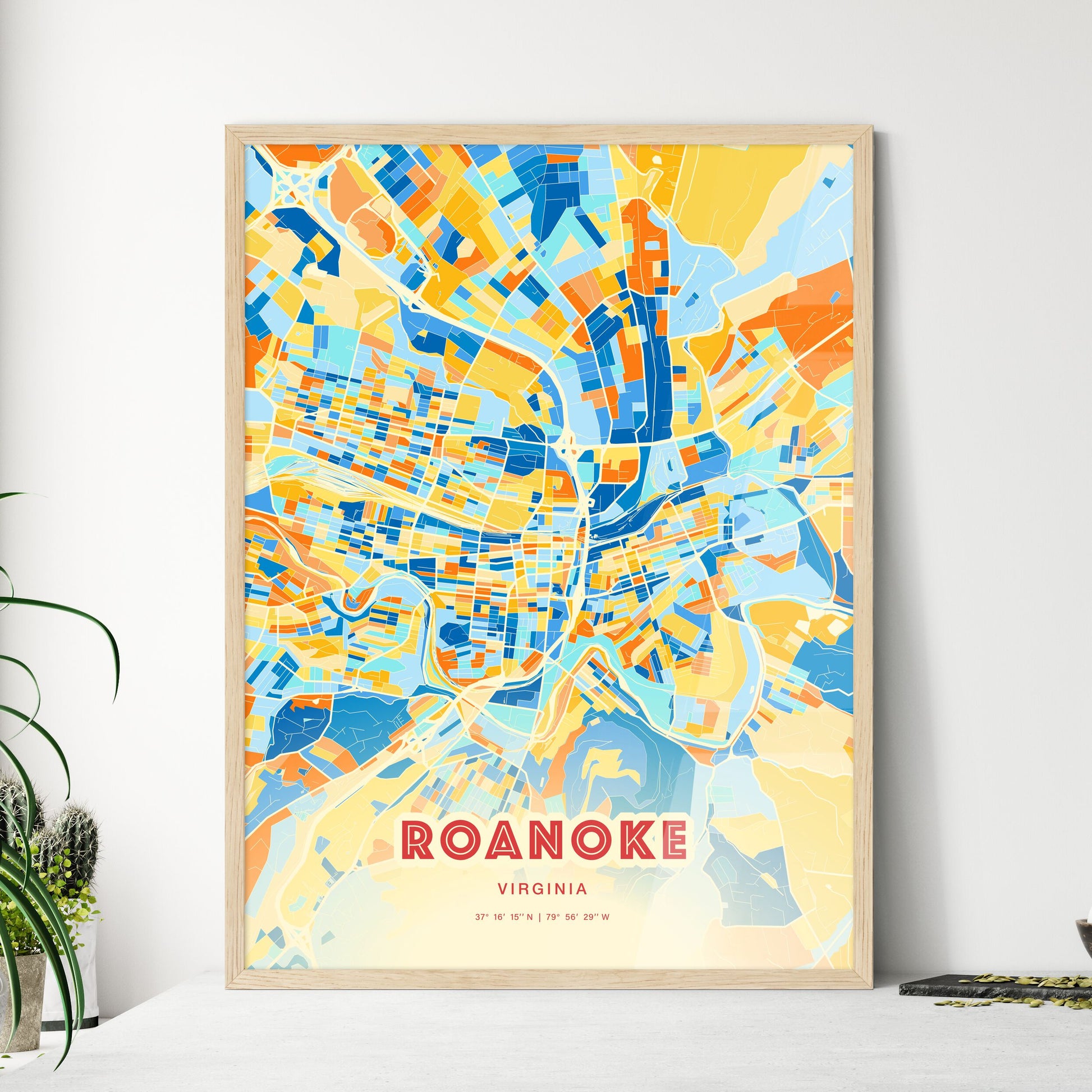 Colorful Roanoke Virginia Fine Art Map Blue Orange