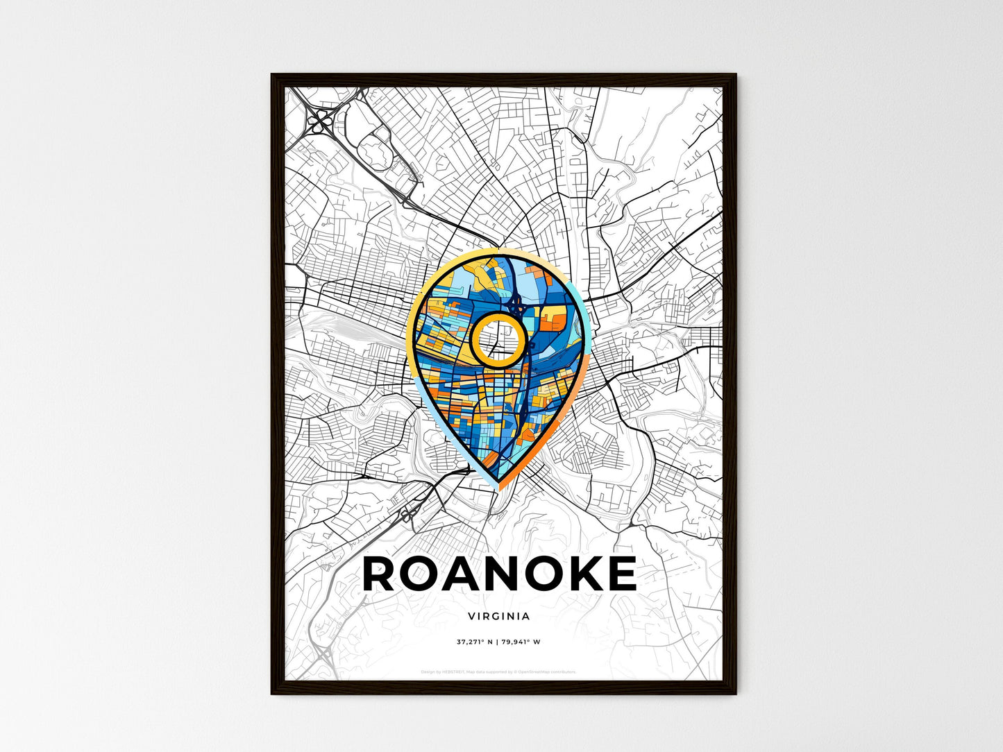 Roanoke Virginia wedding art map with pointer icon