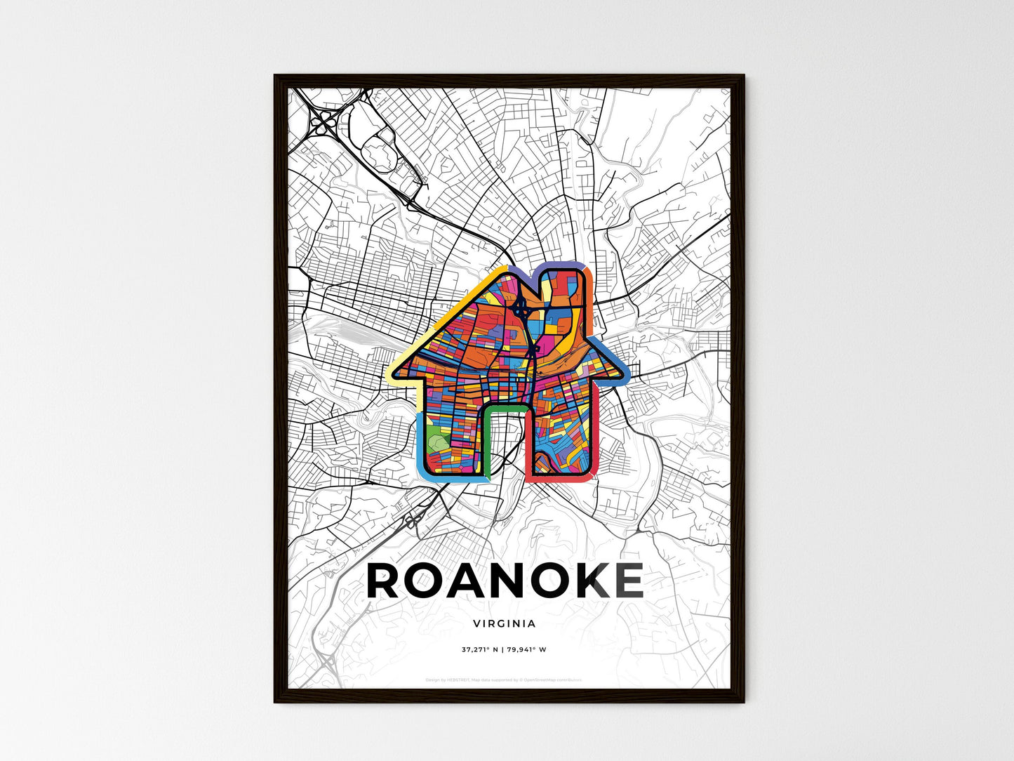 Roanoke Virginia wedding art map with home icon