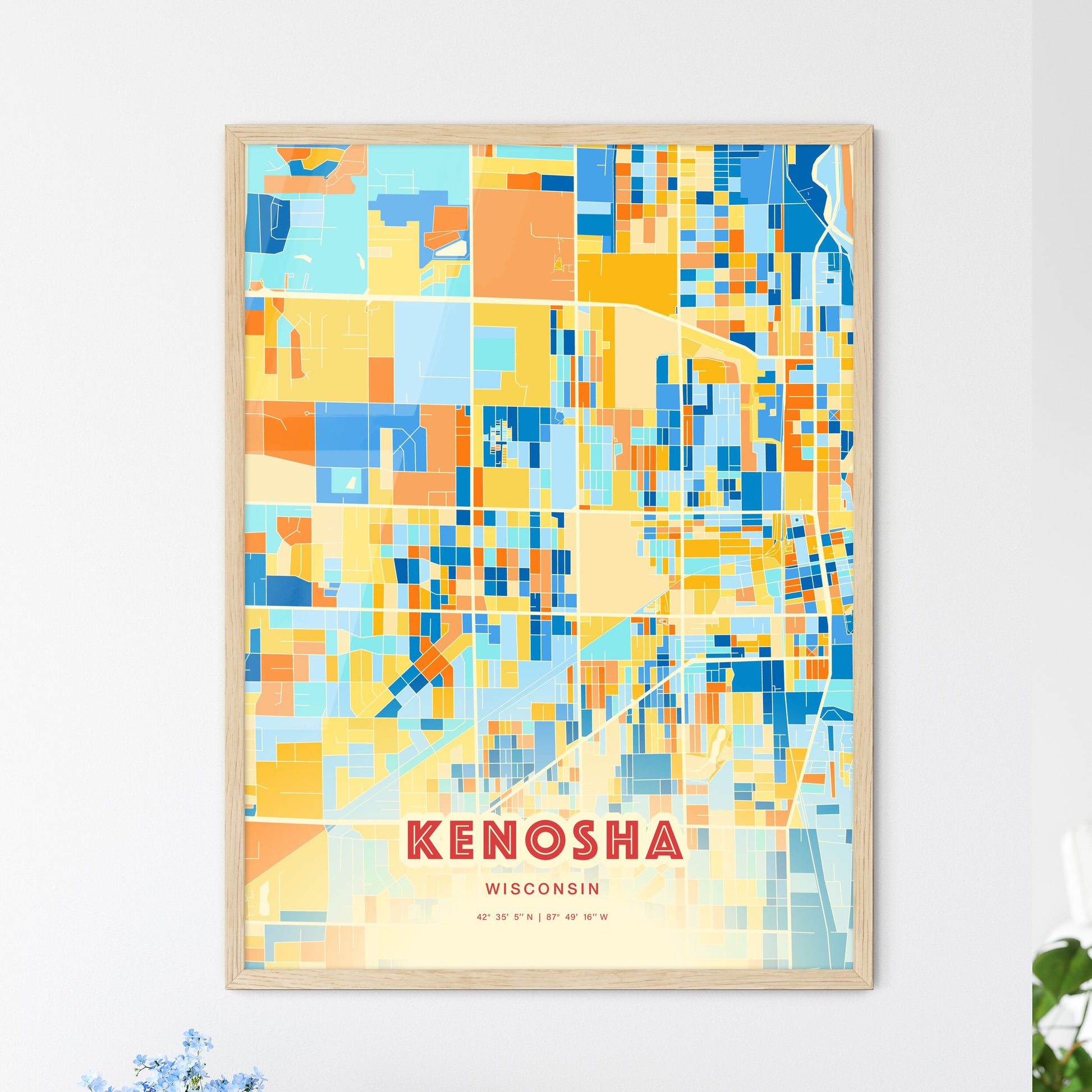 Colorful Kenosha Wisconsin Fine Art Map Blue Orange
