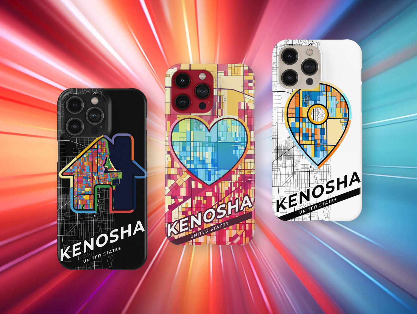 Kenosha Wisconsin slim phone case with colorful icon. Birthday, wedding or housewarming gift. Couple match cases.