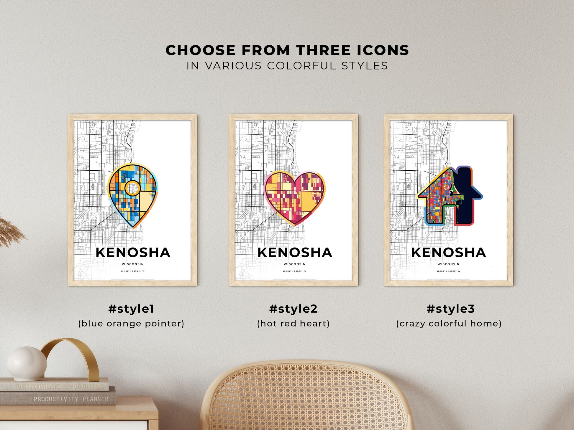 Kenosha Wisconsin maps with colorful icons