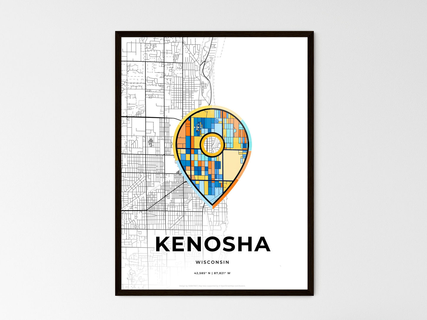 Kenosha Wisconsin wedding art map with pointer icon
