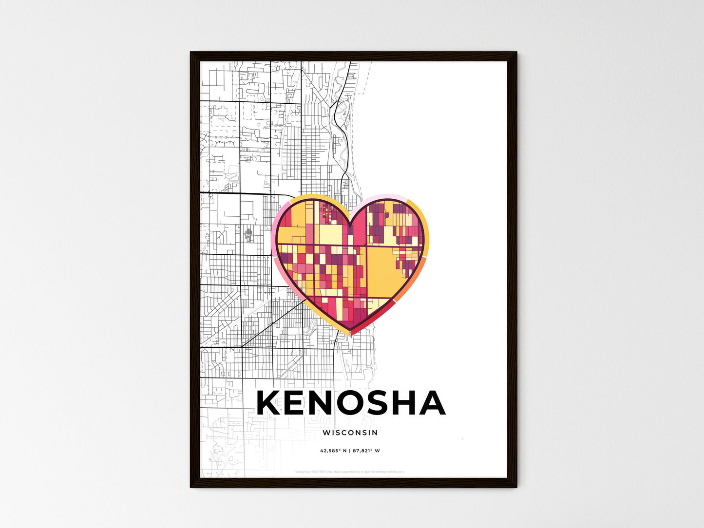 Kenosha Wisconsin wedding art map with heart icon