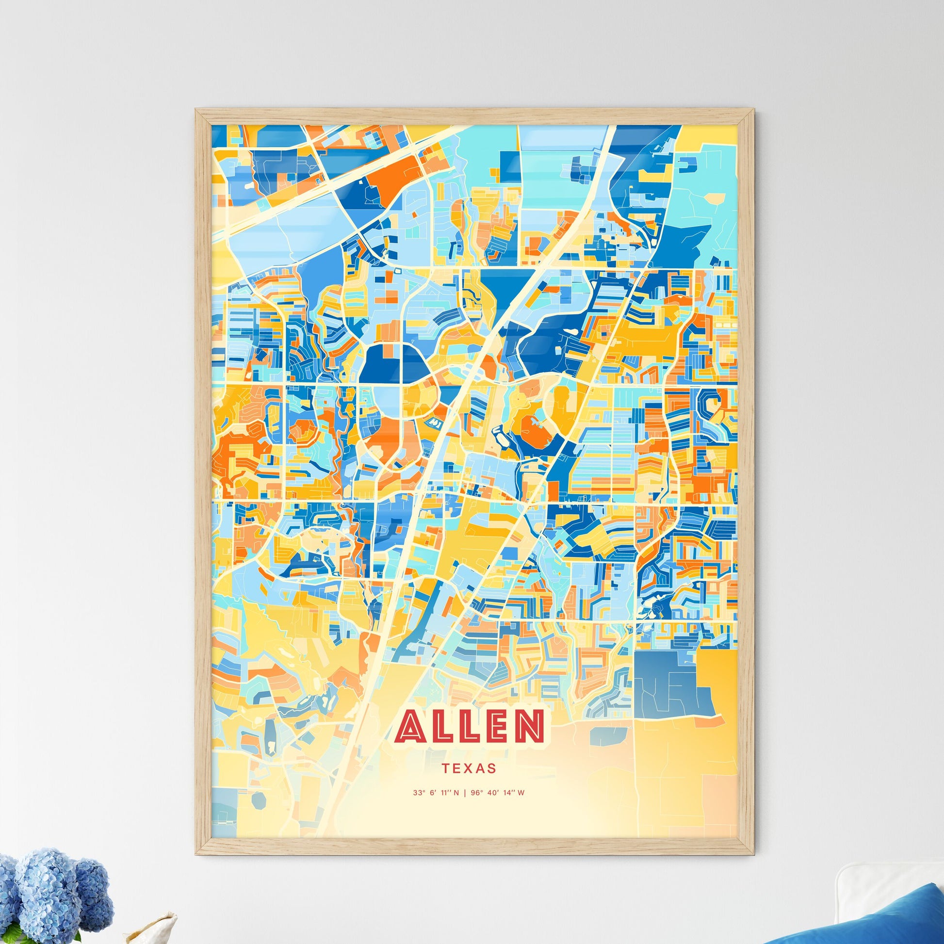 Colorful Allen Texas Fine Art Map Blue Orange