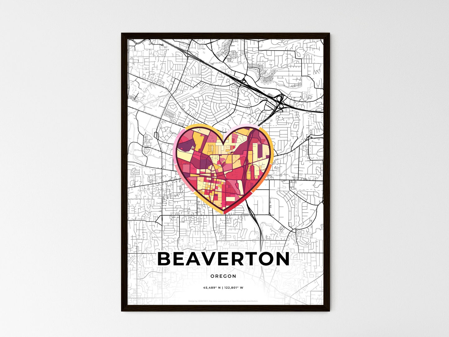 Beaverton Oregon wedding art map with heart icon
