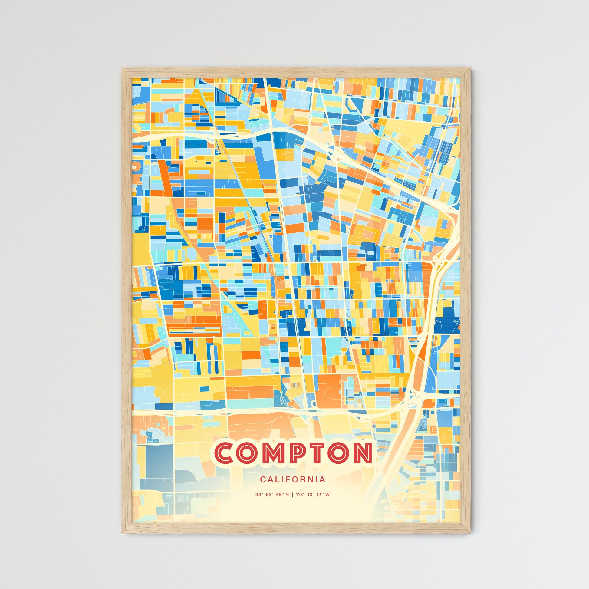 Colorful Compton California Fine Art Map Blue Orange