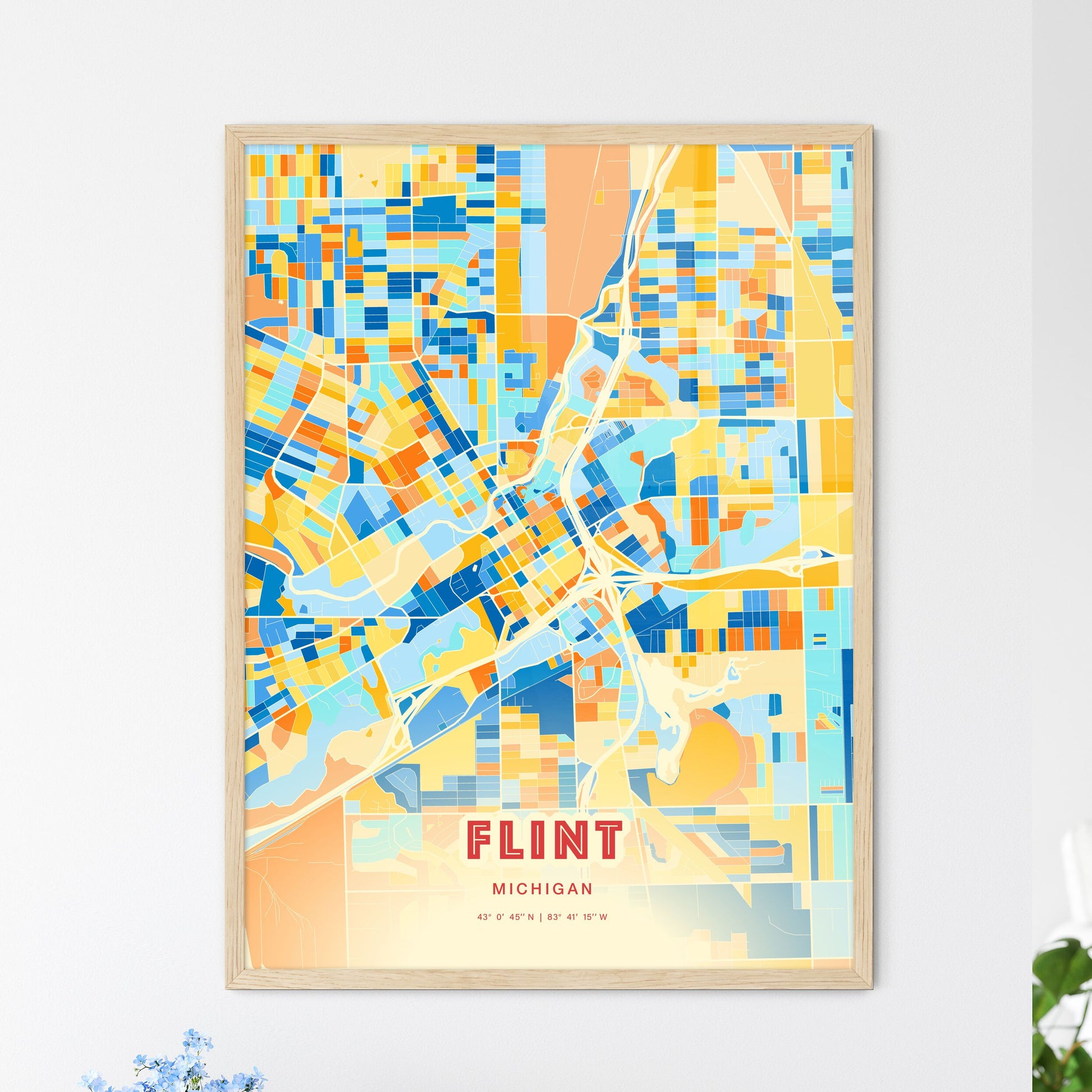 Colorful Flint Michigan Fine Art Map Blue Orange