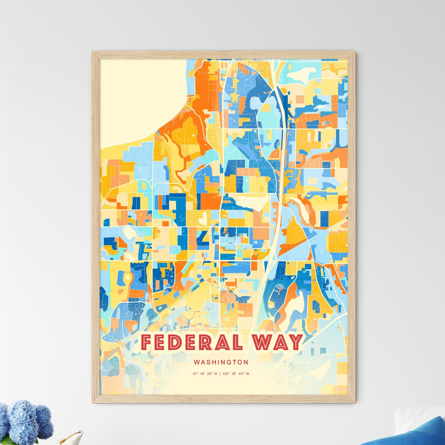 Colorful Federal Way Washington Fine Art Map Blue Orange