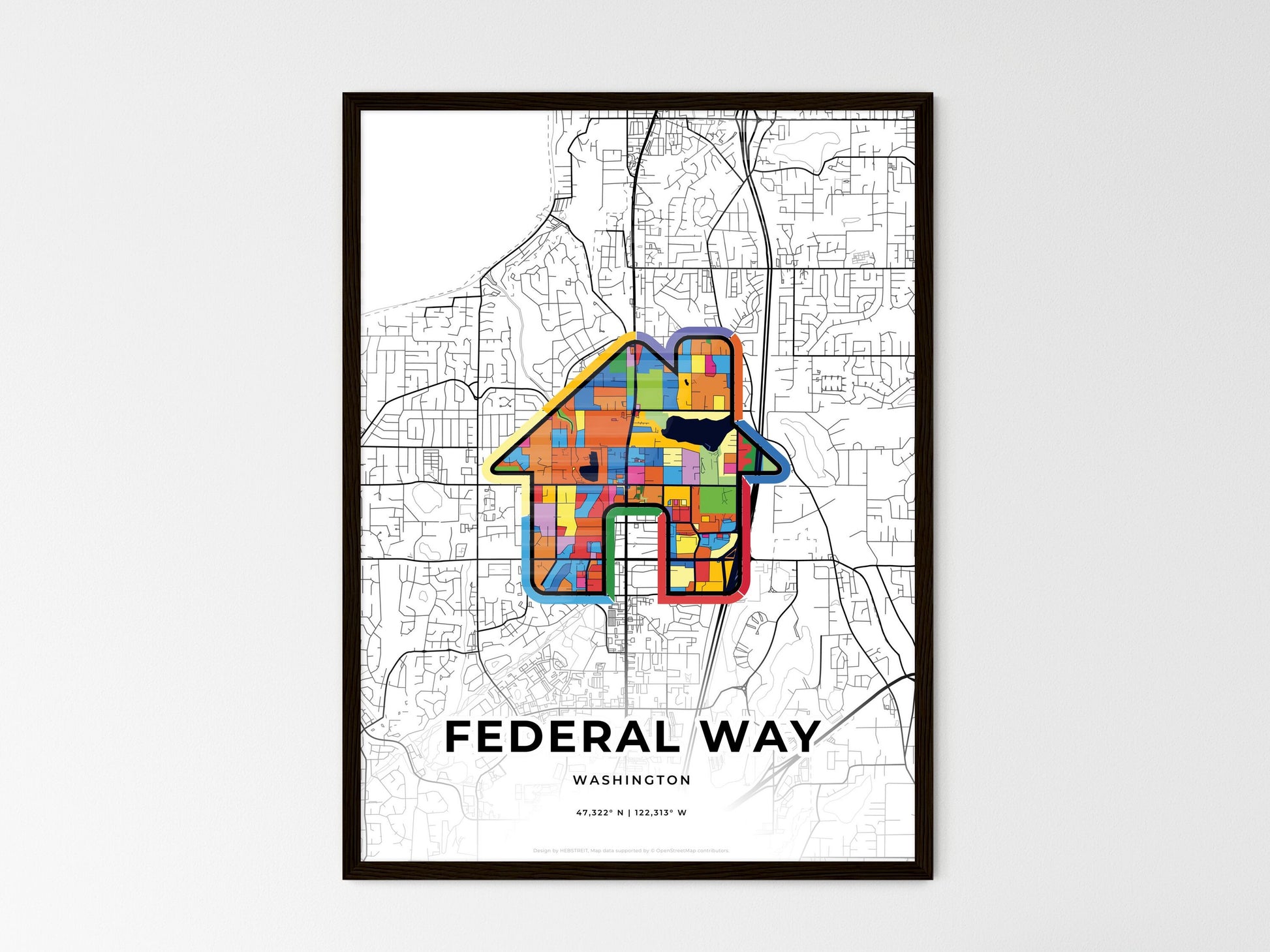 Federal Way Washington wedding art map with home icon