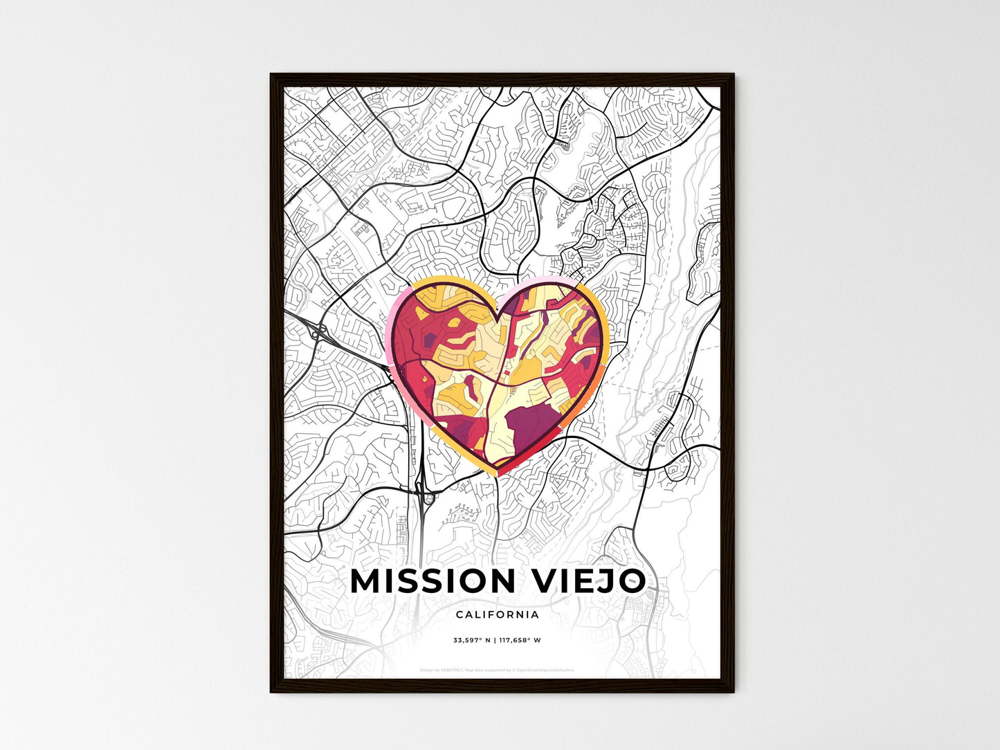 Mission Viejo California wedding art map with heart icon