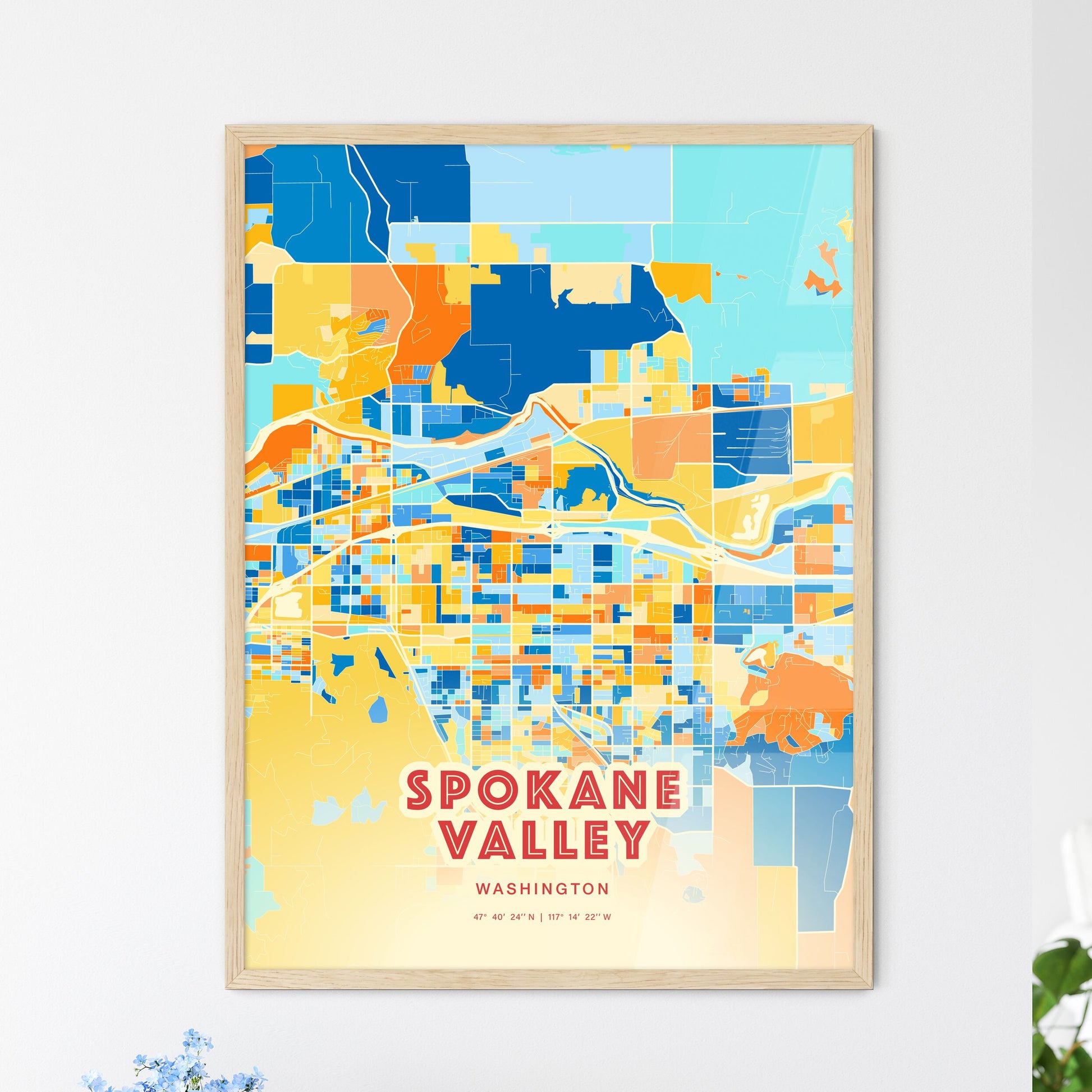Colorful Spokane Valley Washington Fine Art Map Blue Orange