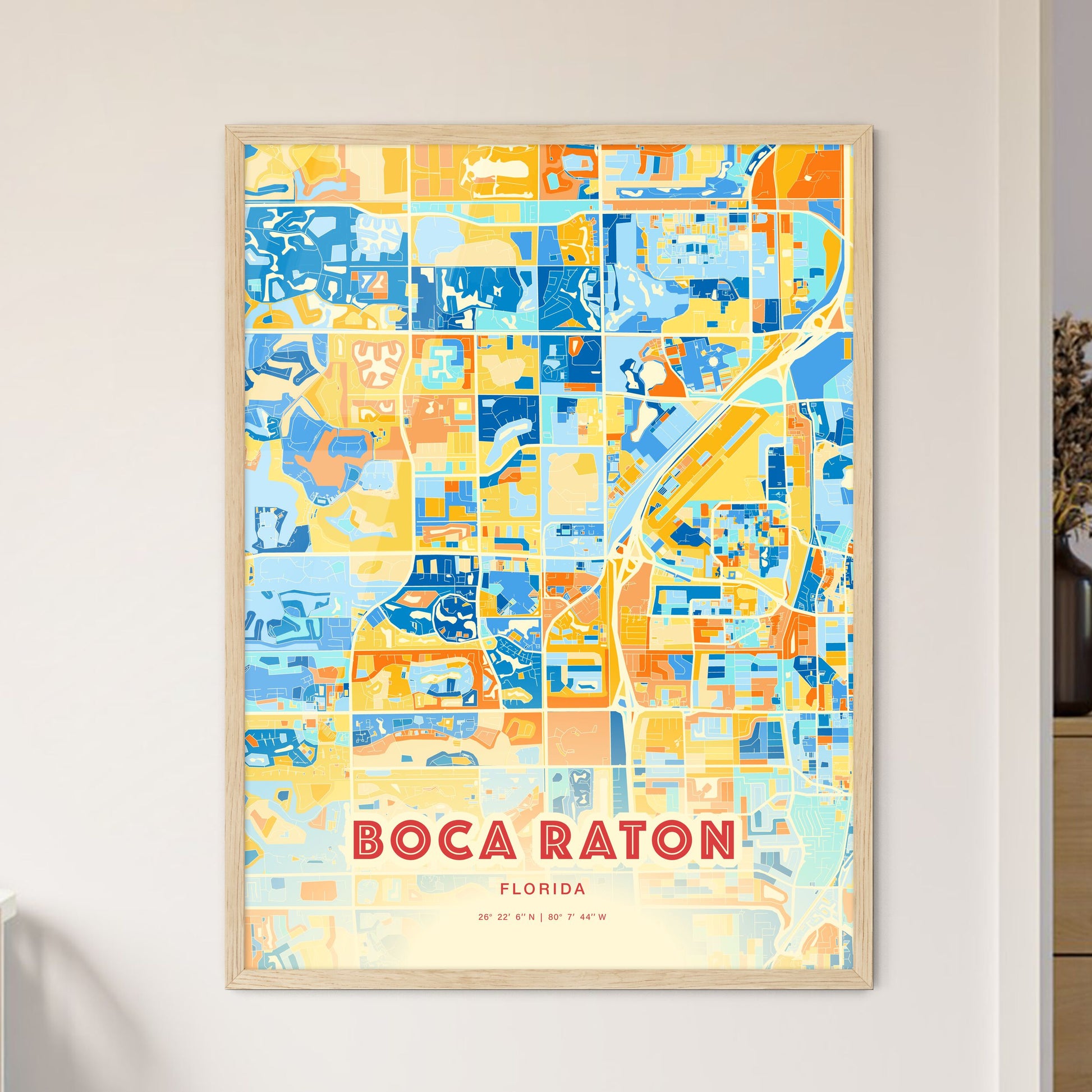 Colorful Boca Raton Florida Fine Art Map Blue Orange