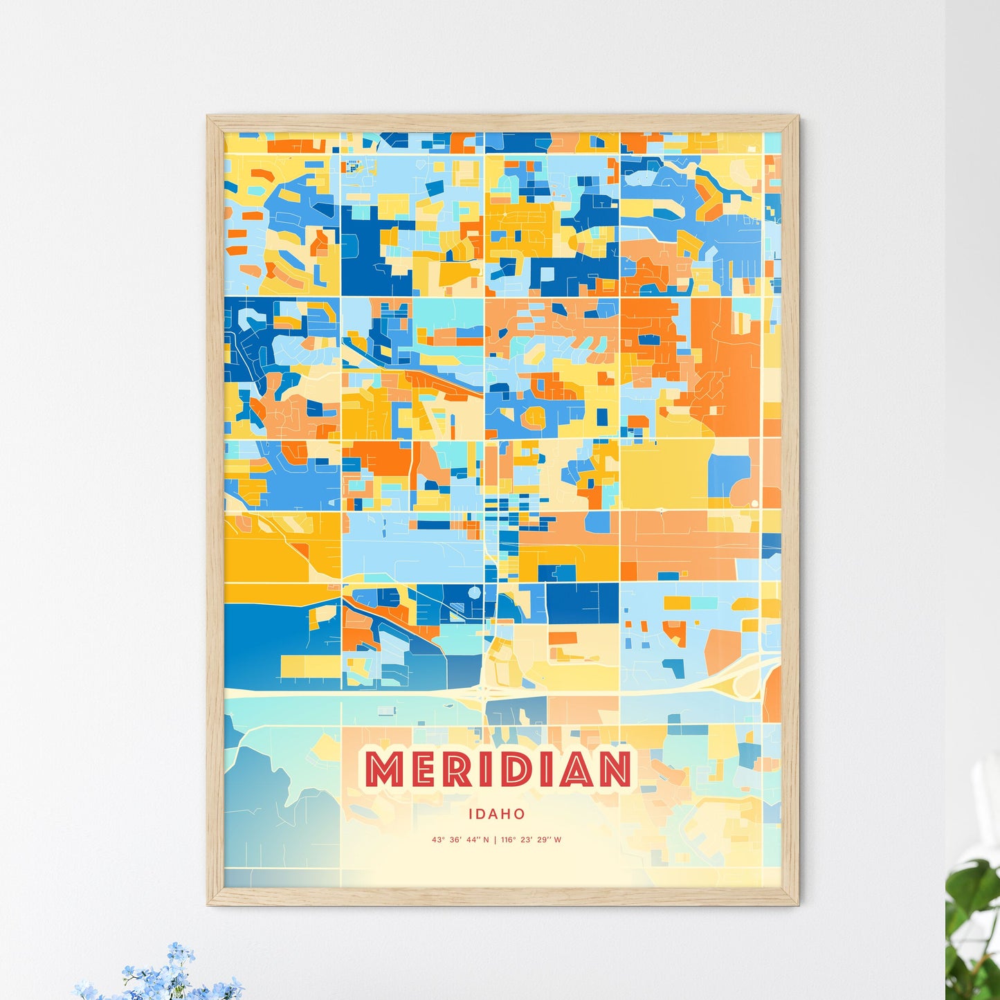 Colorful Meridian Idaho Fine Art Map Blue Orange