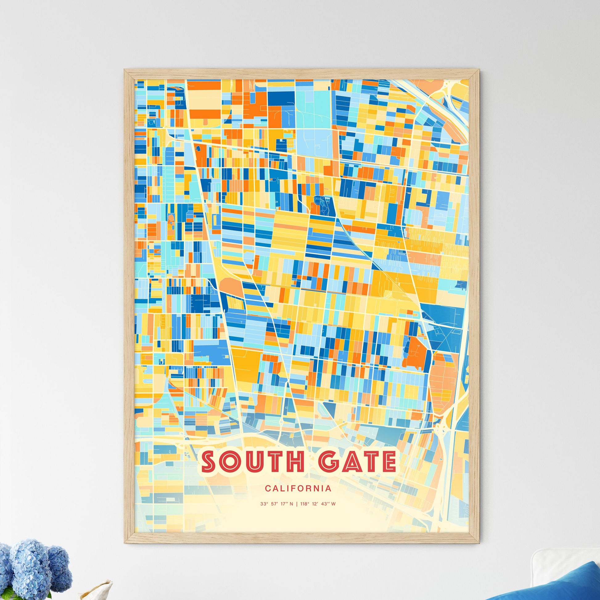 Colorful South Gate California Fine Art Map Blue Orange